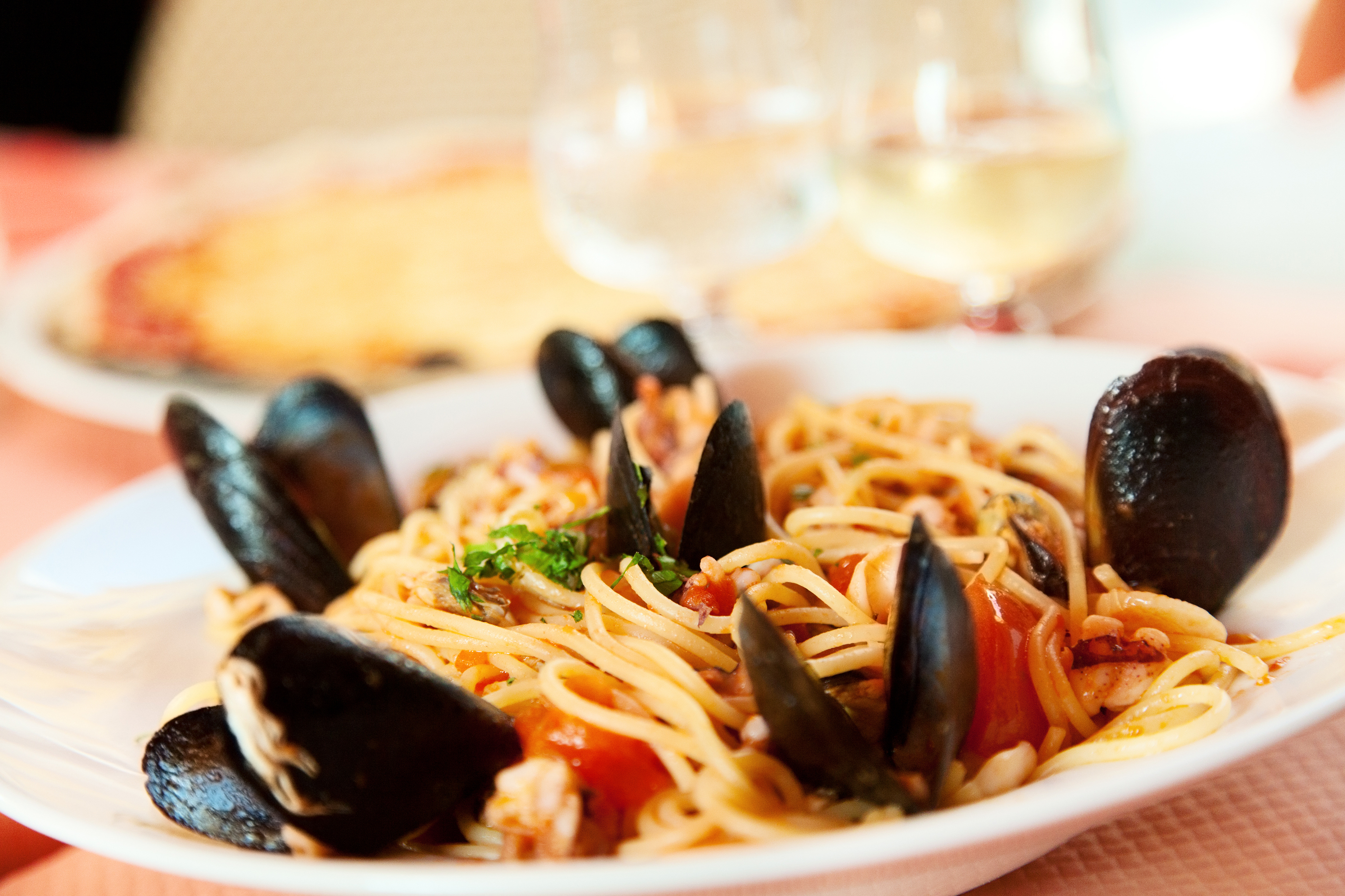 Spaghetti with seafood in a small restaurant in Nice, France