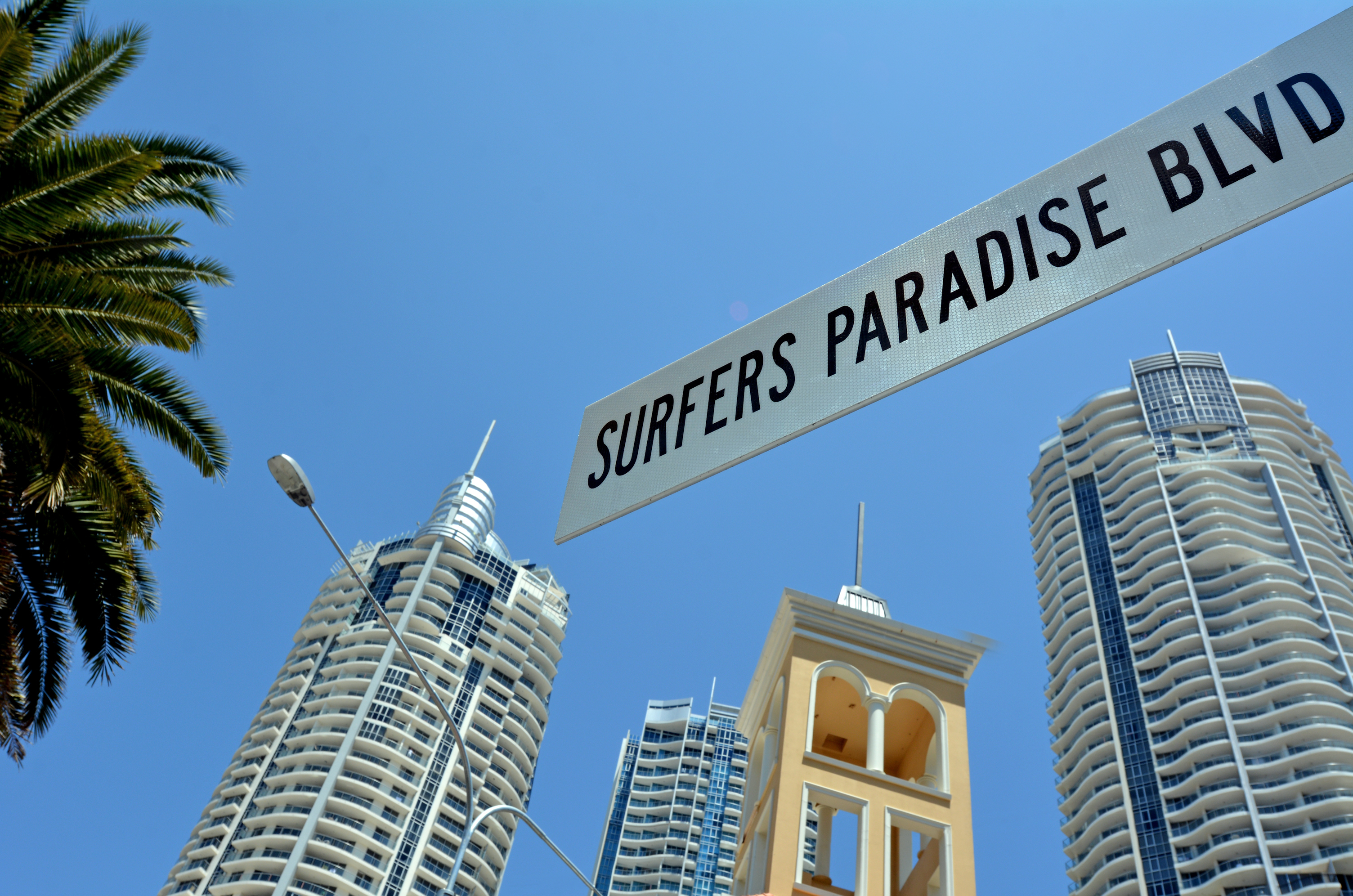 Street sign of Surfers paradise Blvd in Surfers Paradise Gold Coast Australia.It's the heart of Gold Coast entertainment district.