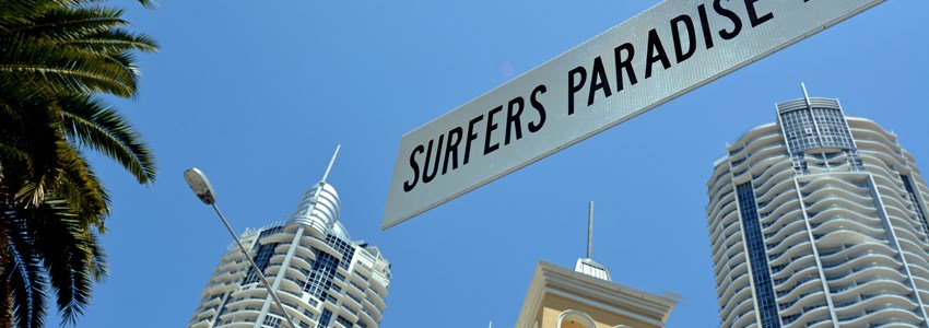 Street sign of Surfers paradise Blvd in Surfers Paradise Gold Coast Australia.It's the heart of Gold Coast entertainment district.