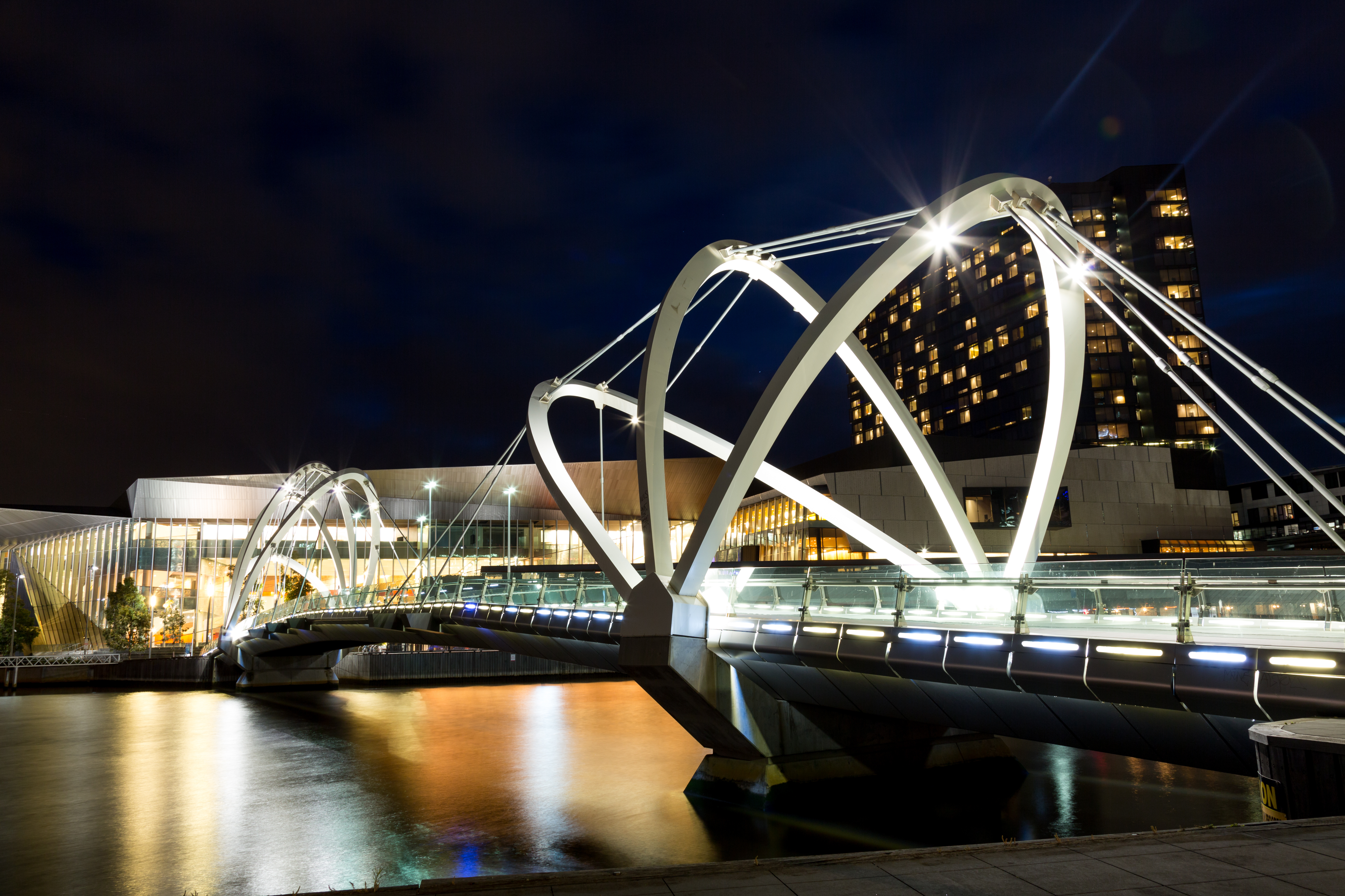 Seafarers Bridge in Melbourne, Victoria, Australia. Viewed towards the Melbourne Convention Centre over the Yarra River