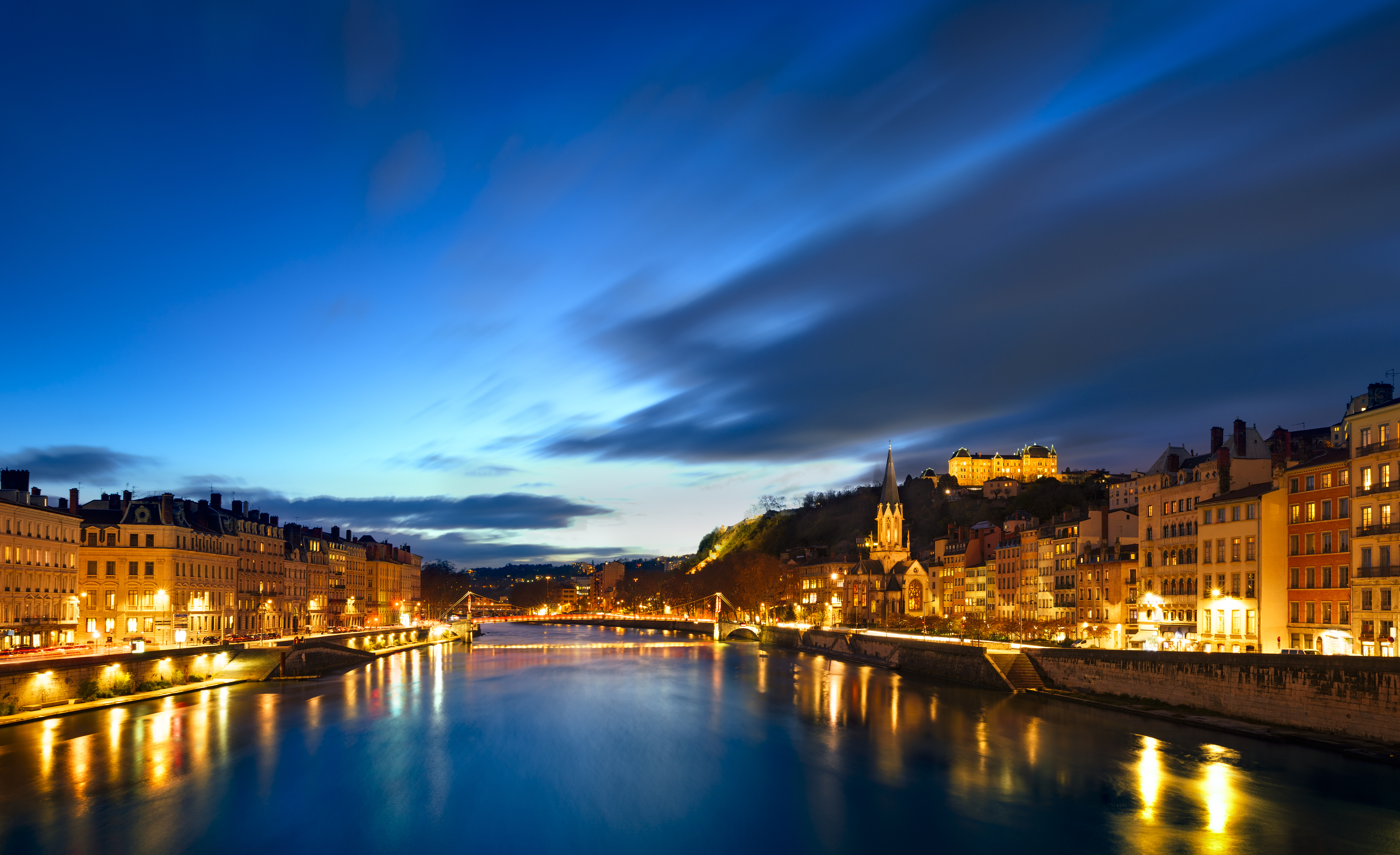 View of Saone river in Lyon city at evening