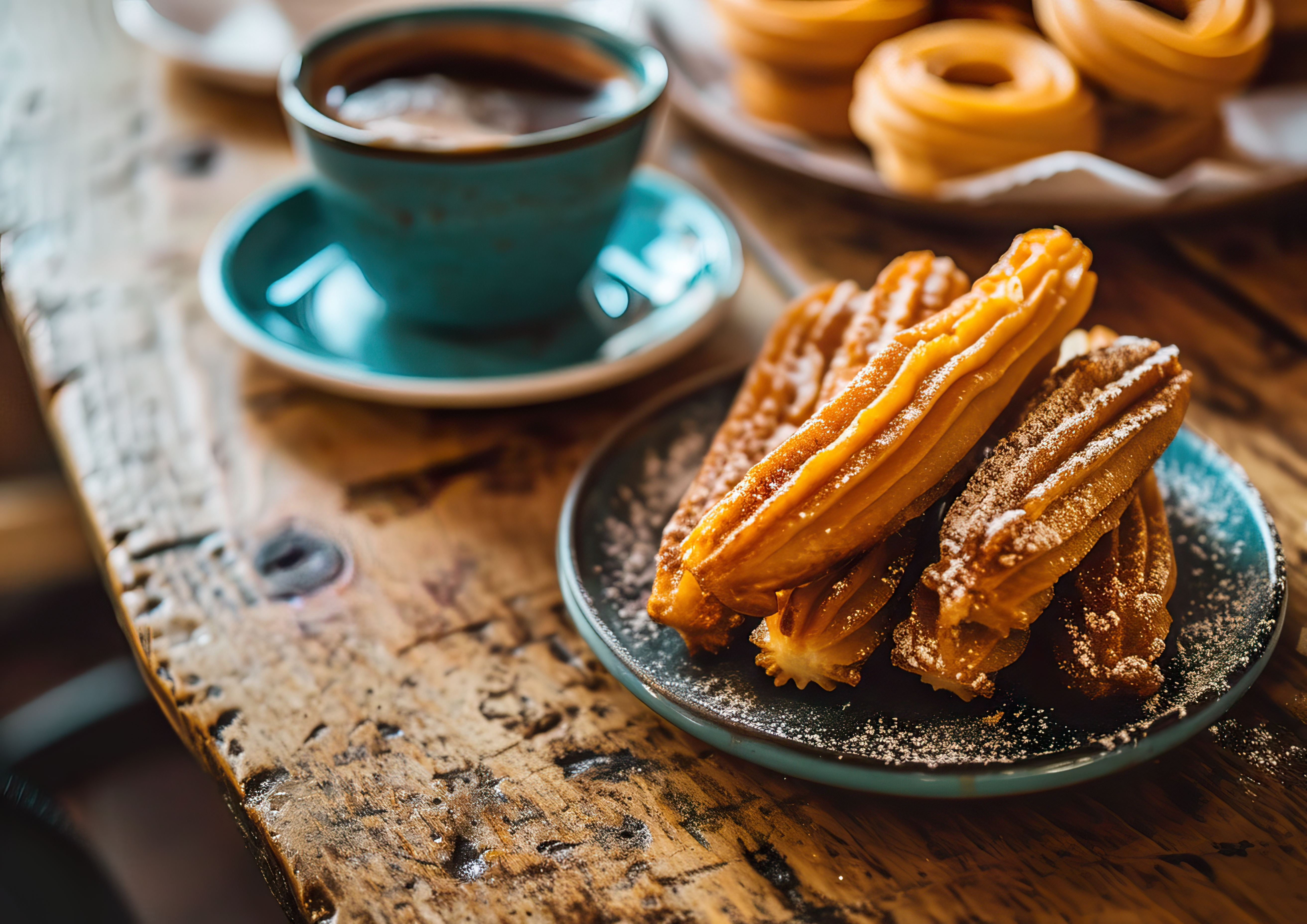 Churros served on a plate with chocolate dipping sauce
