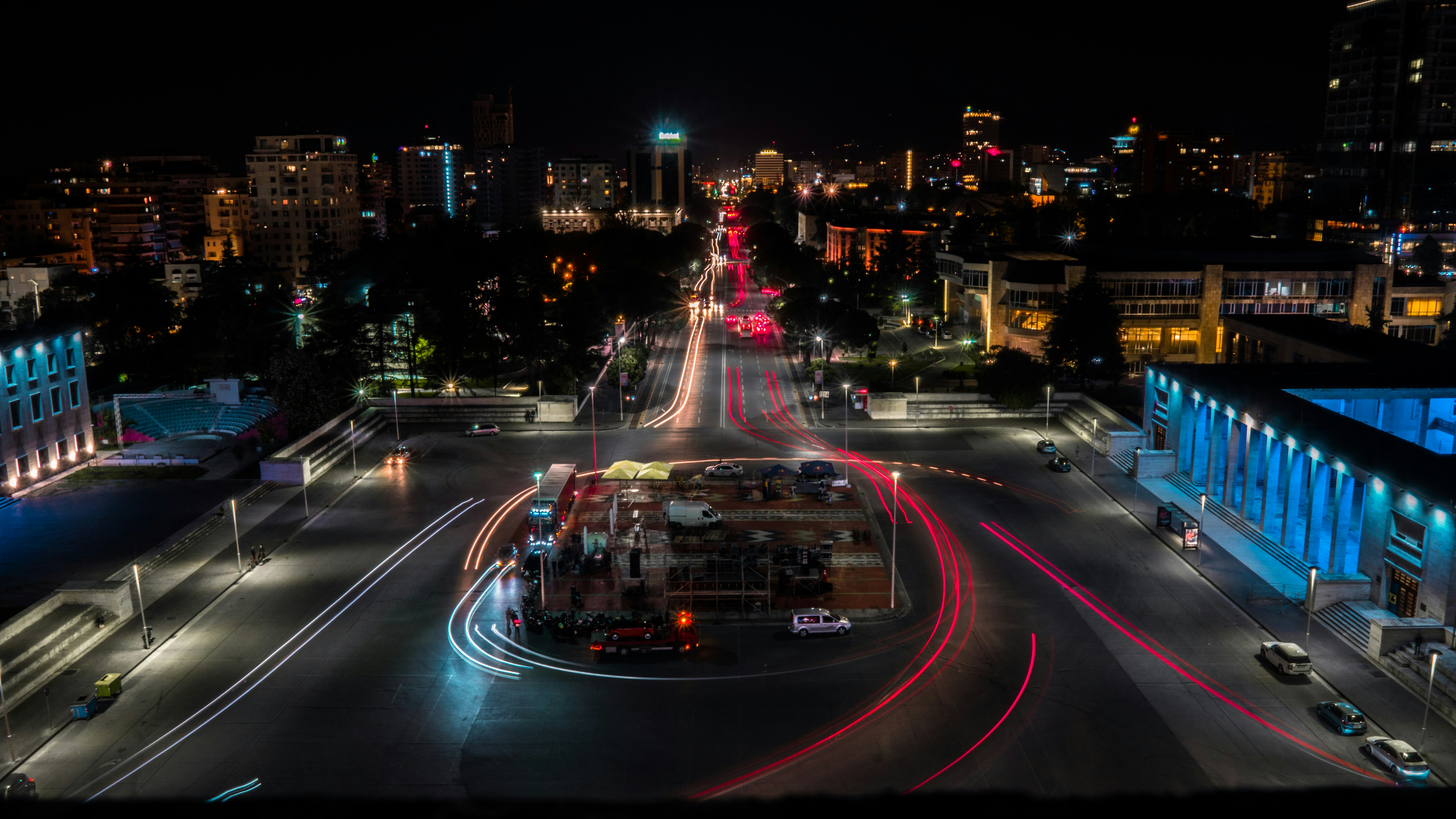 Tirana's central square at night