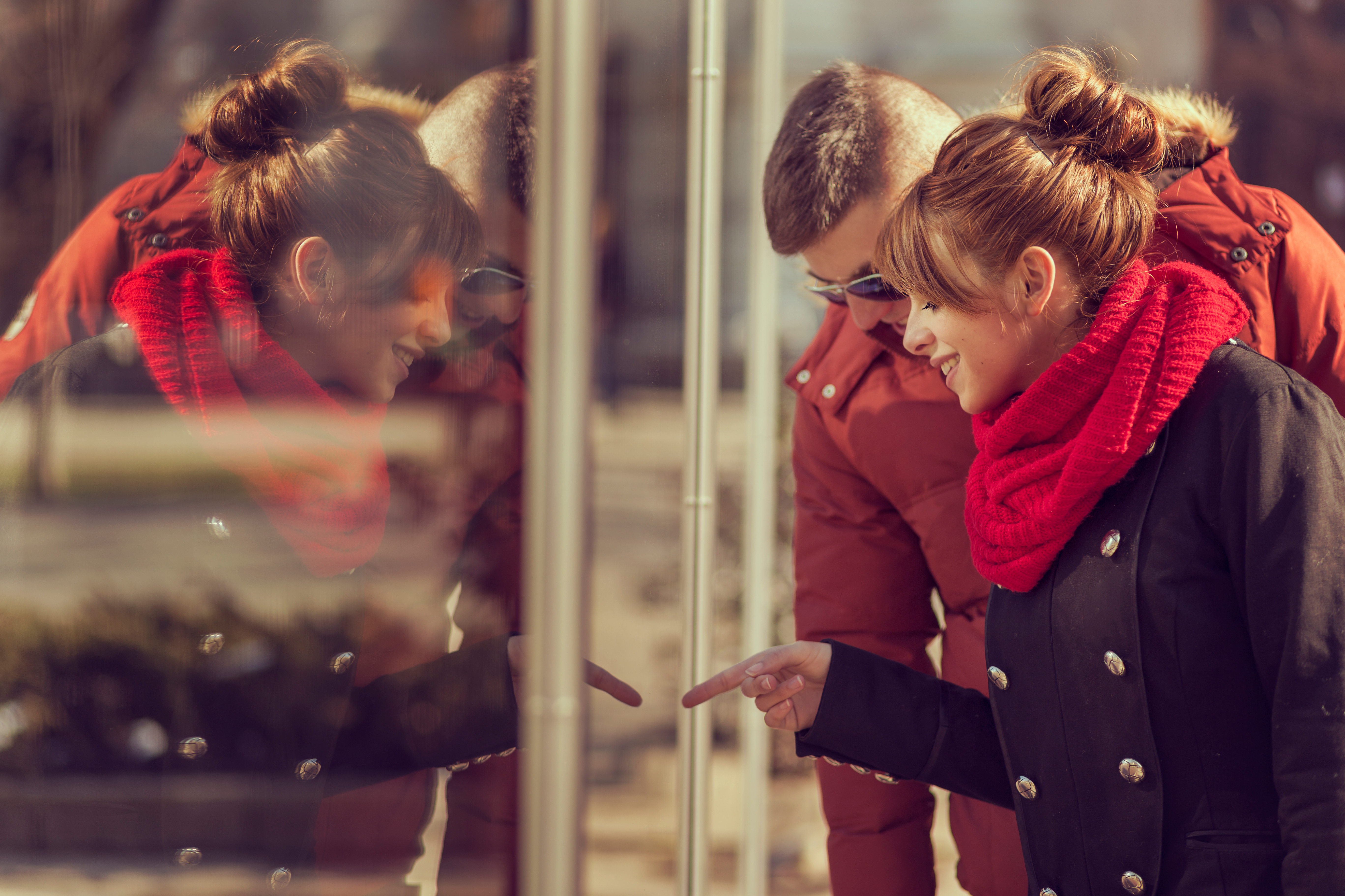 happy couple shopping in downtown