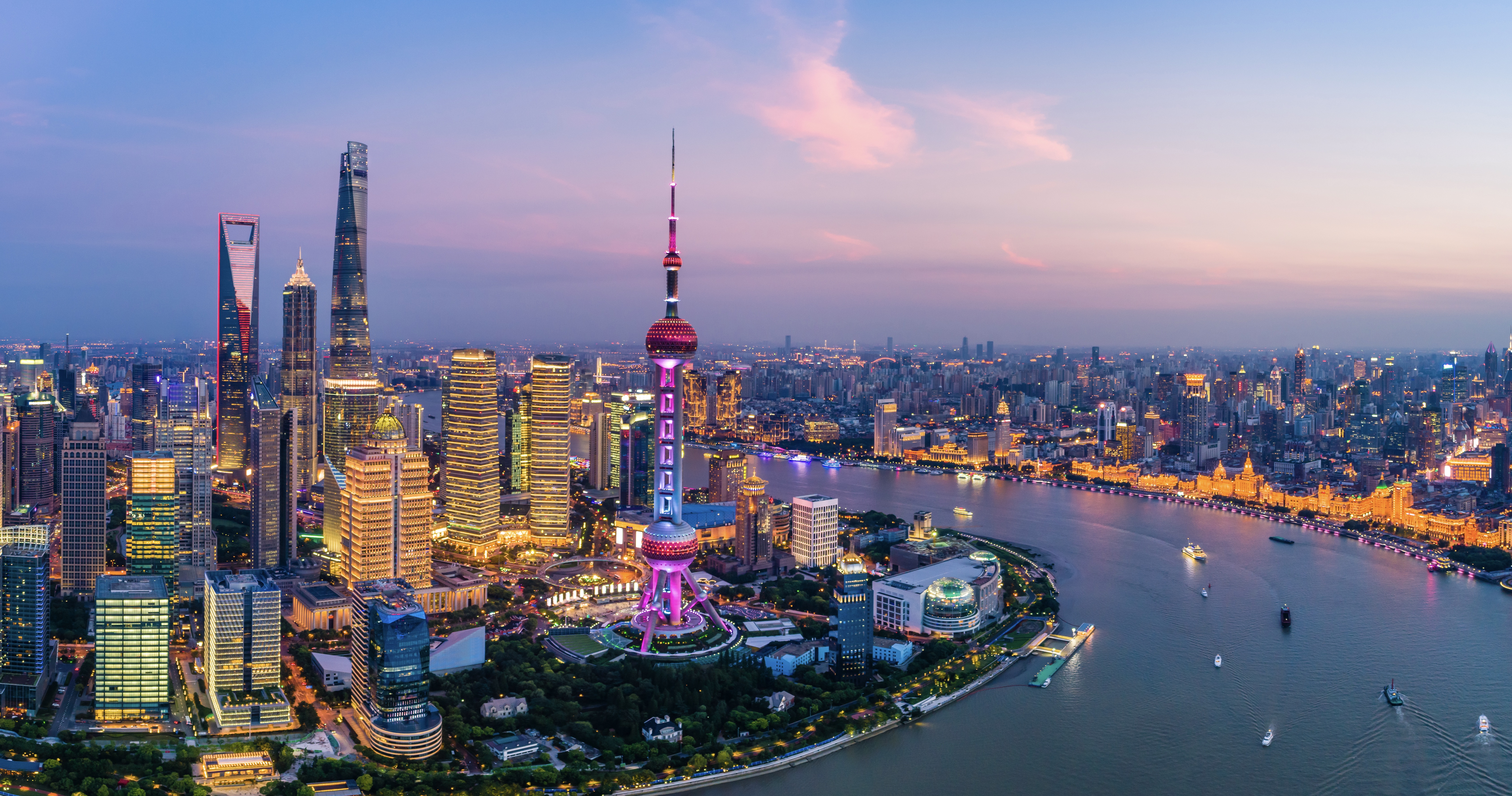 Aerial panoramic view of Shanghai skyline at night