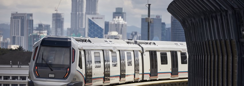 Mass Rapid Transit (MRT) train approaching towards camera. MRT system forming the major component of the railway system in Kuala Lumpur, Malaysia.