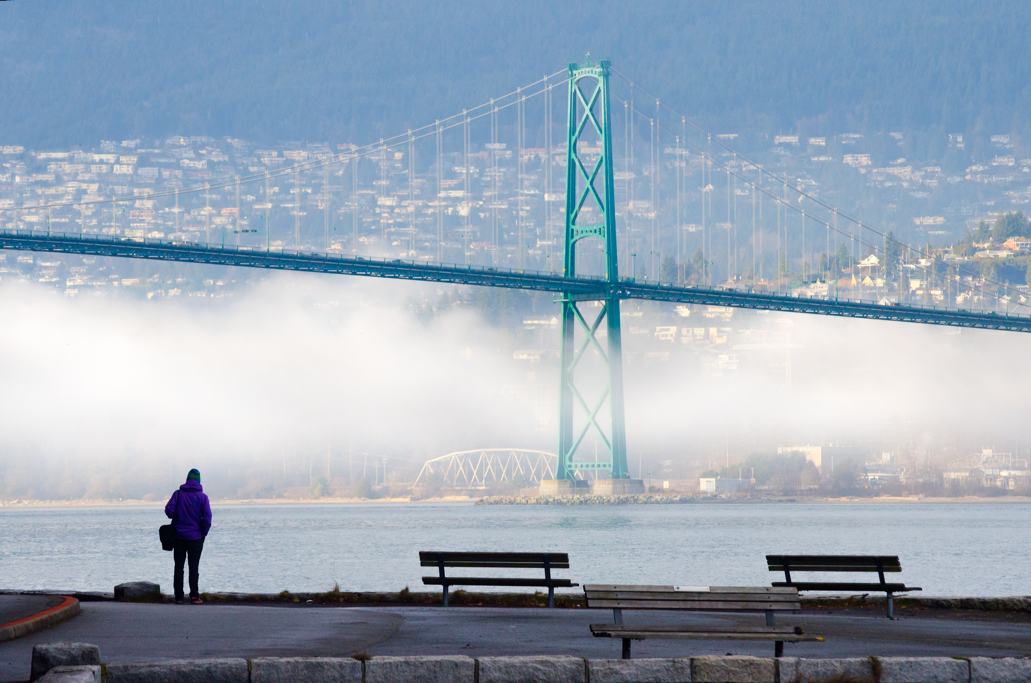 A foggy winter day in Vancouver, British Columbia, Canada, as seen from the seawall in Stanley Park, with the Lions Gate Bridge and North Shore Mountains in the background.