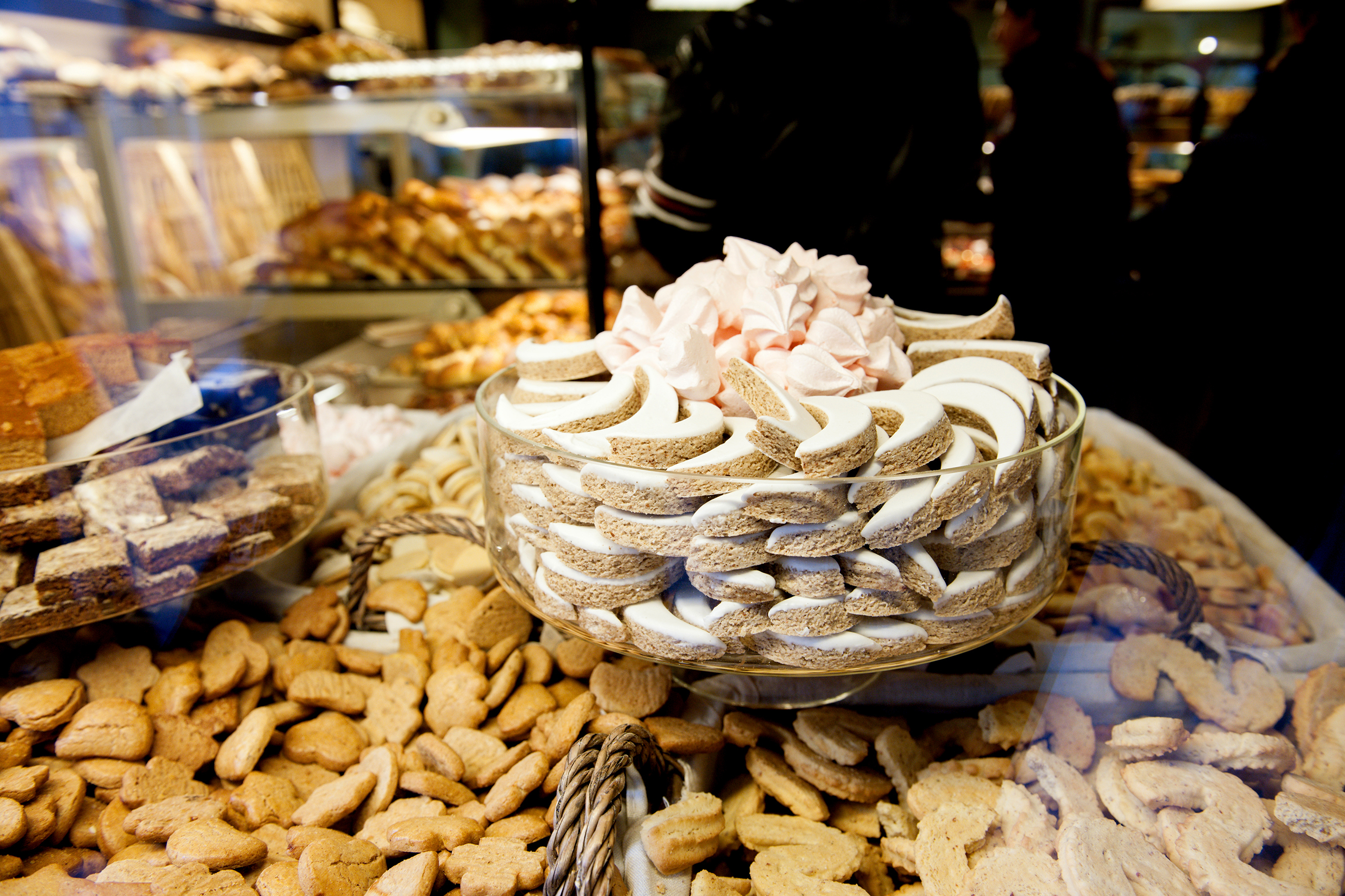 Christas sweets biscuits display of pastry sweet food in French bakery store,