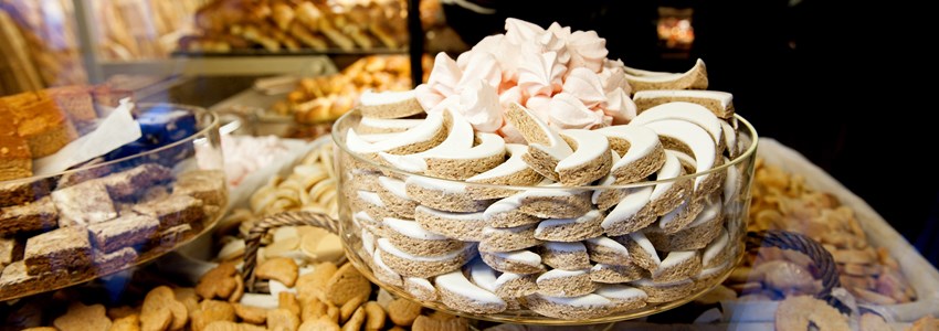 Christas sweets biscuits display of pastry sweet food in French bakery store,