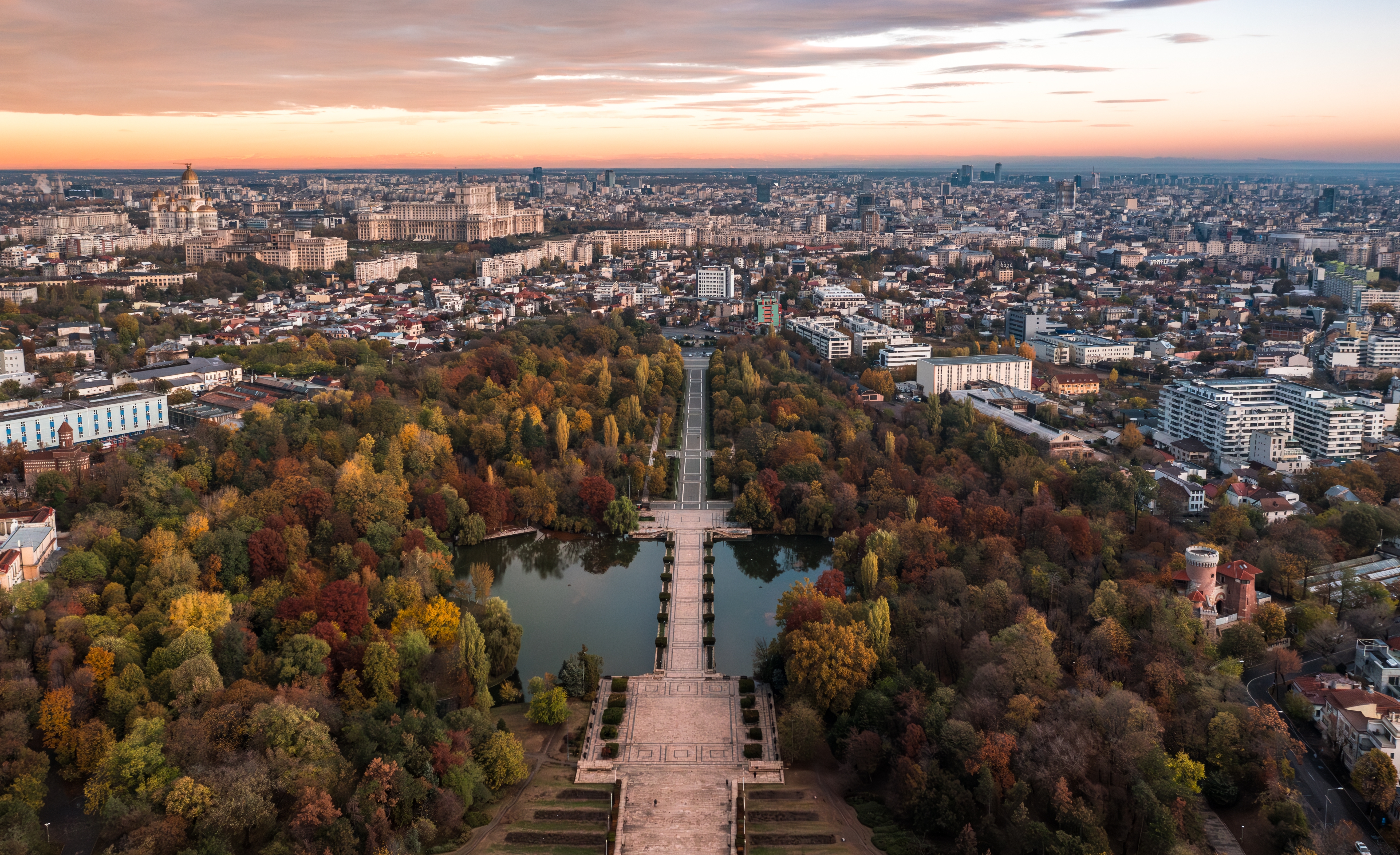Aerial view with Carol Park, famous landmark in Bucharest Romania