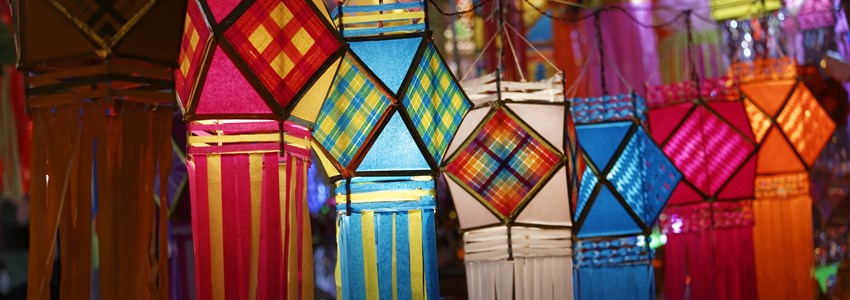 Traditional lantern close ups on street side shops on the occasion of Diwali festival in Mumbai, India.
