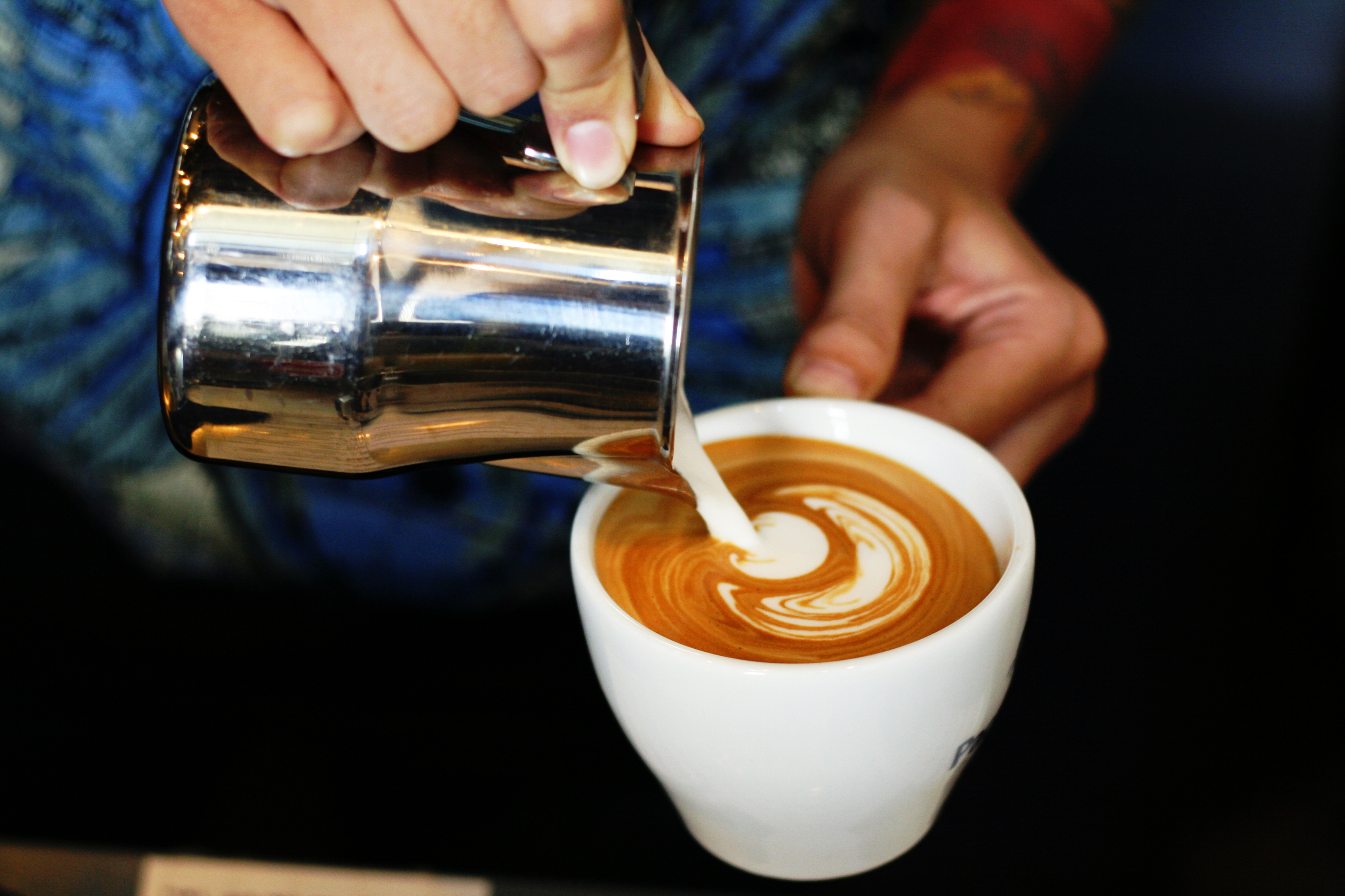 hand of barista making latte or cappuccino coffee pouring milk making latte art