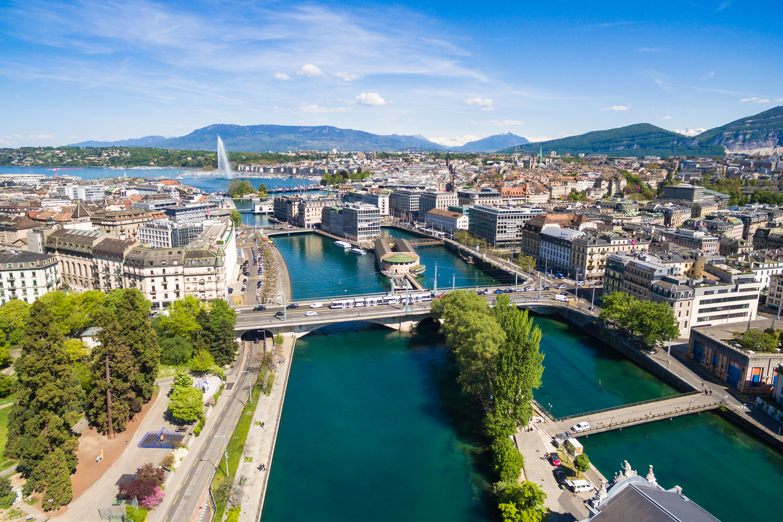 Aerial view of Leman lake - Geneva city in Switzerland