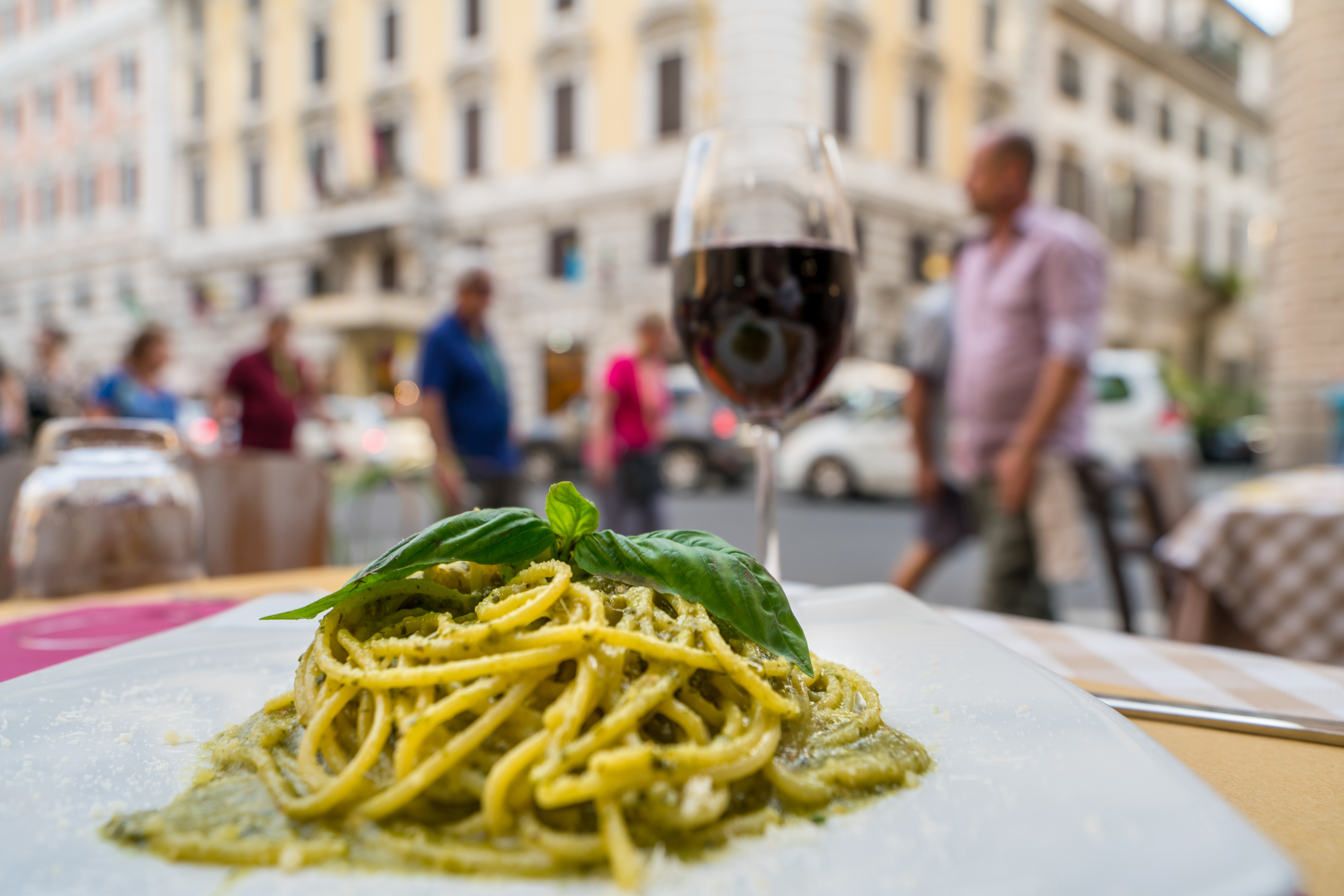 Pesto pasta served in Rome, Italy