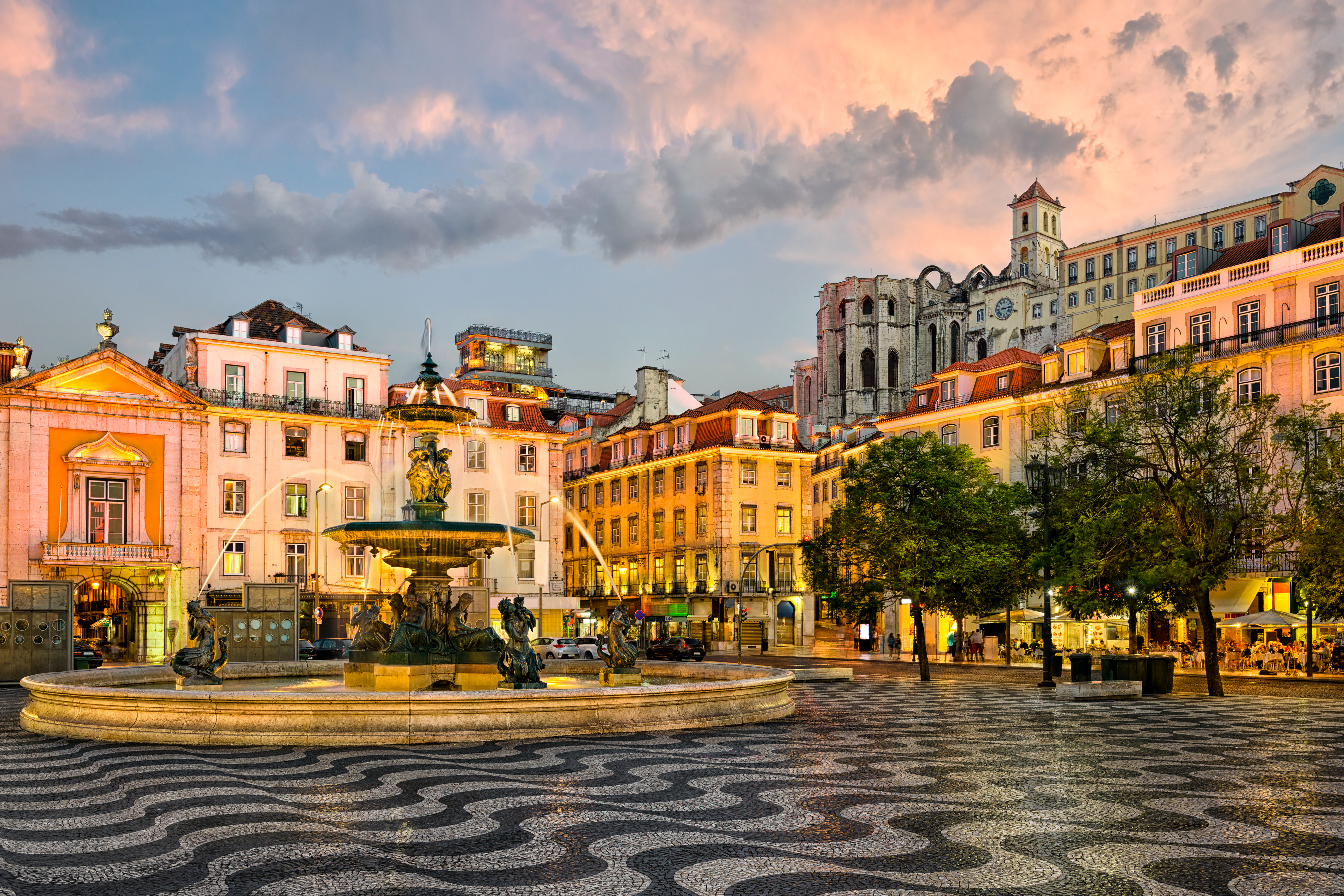 Rossio square and Santa Justa elevator in Lisbon, Portugal