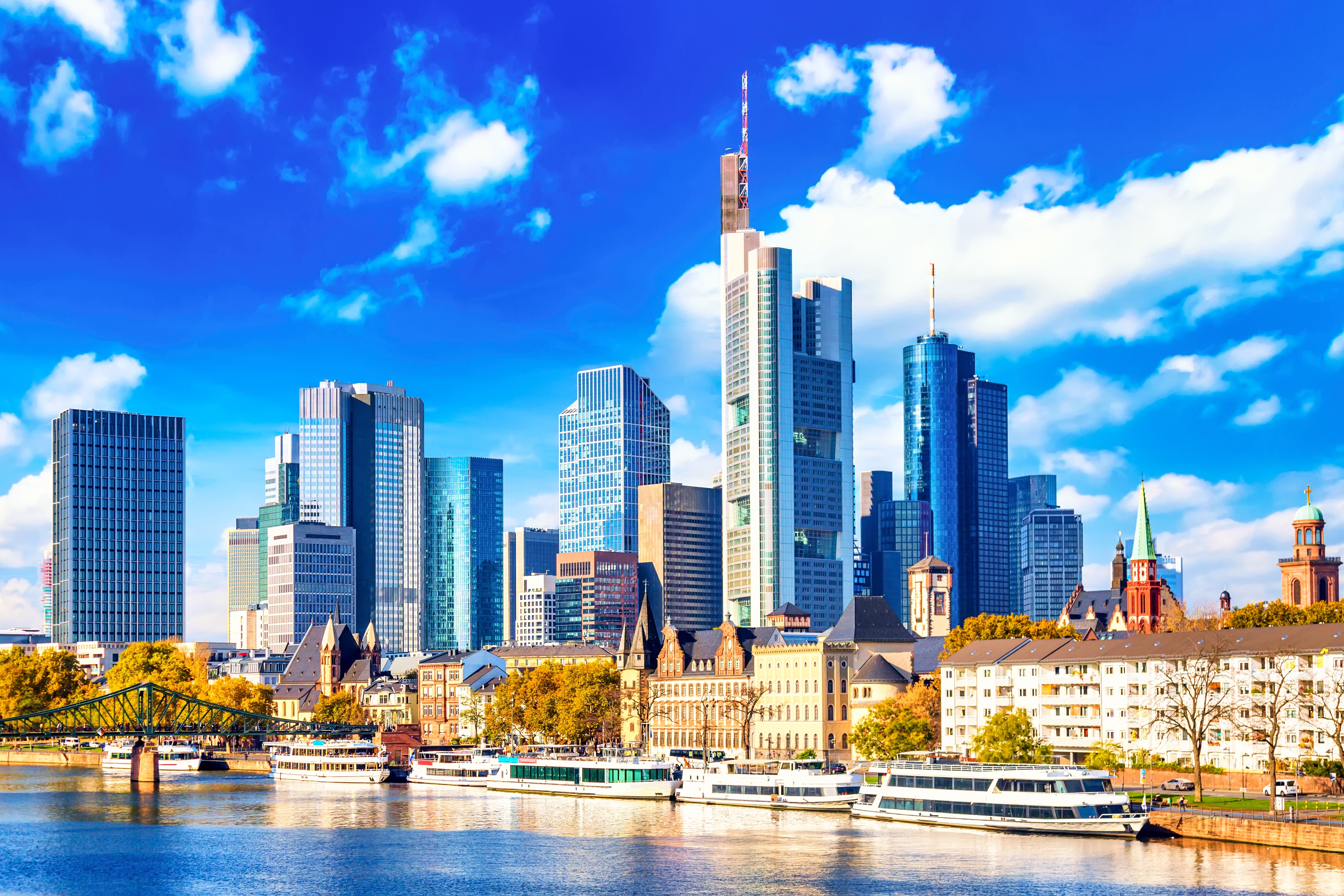 Skyline cityscape of Frankfurt, Germany during sunny day. Frankfurt Main in a financial capital of Europe