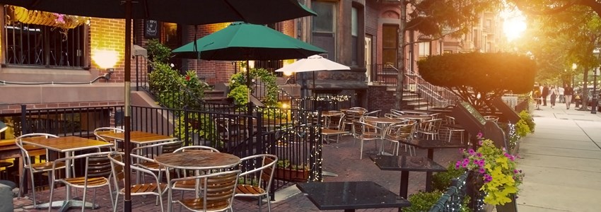 Scenic Cafe Terraces in Newbury Street, located in the Back Bay area of Boston, Massachusetts, USA. It is touted as one the most expensive streets in the world.