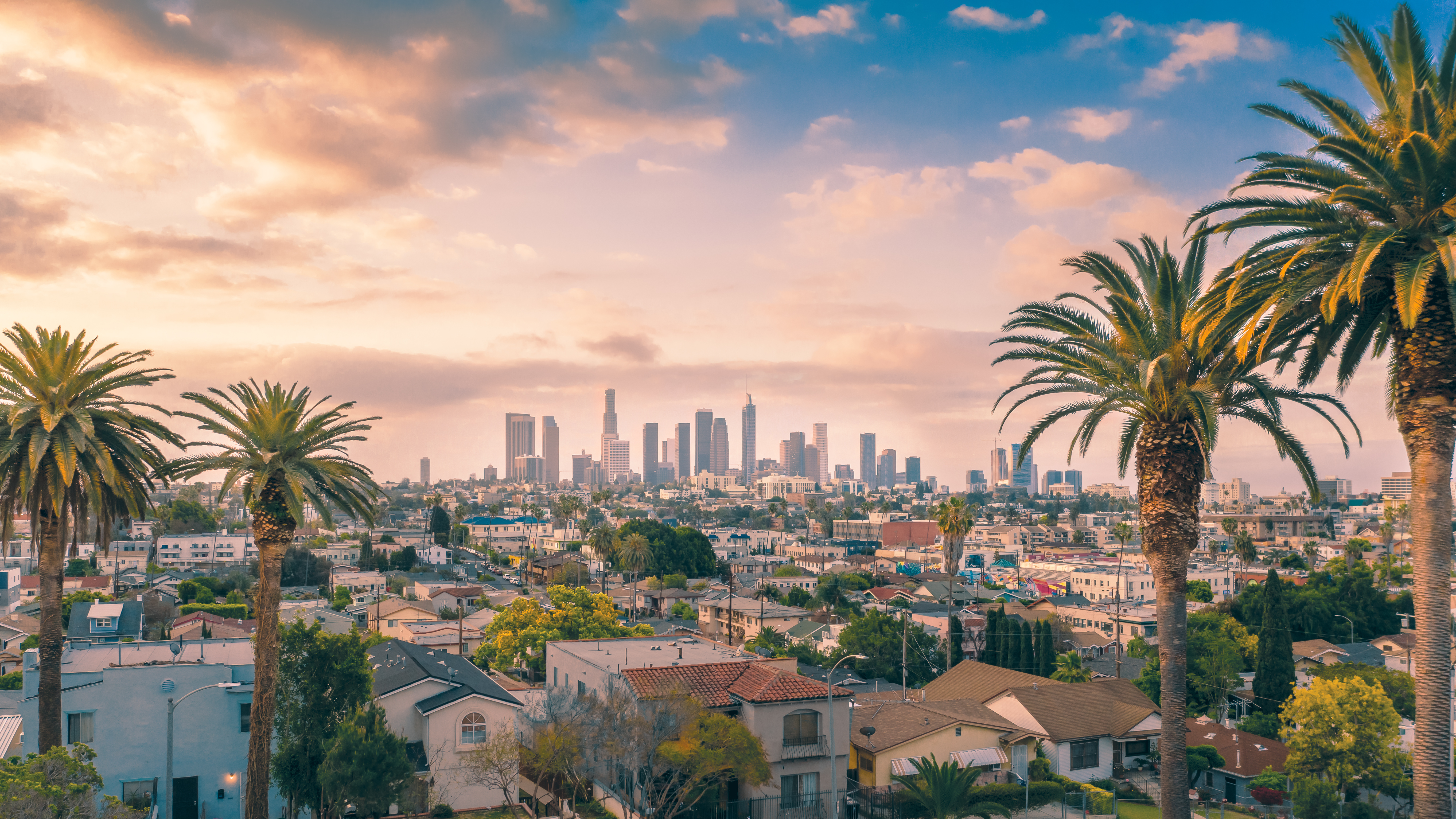 Beautiful sunset of Los Angeles downtown skyline and palm trees