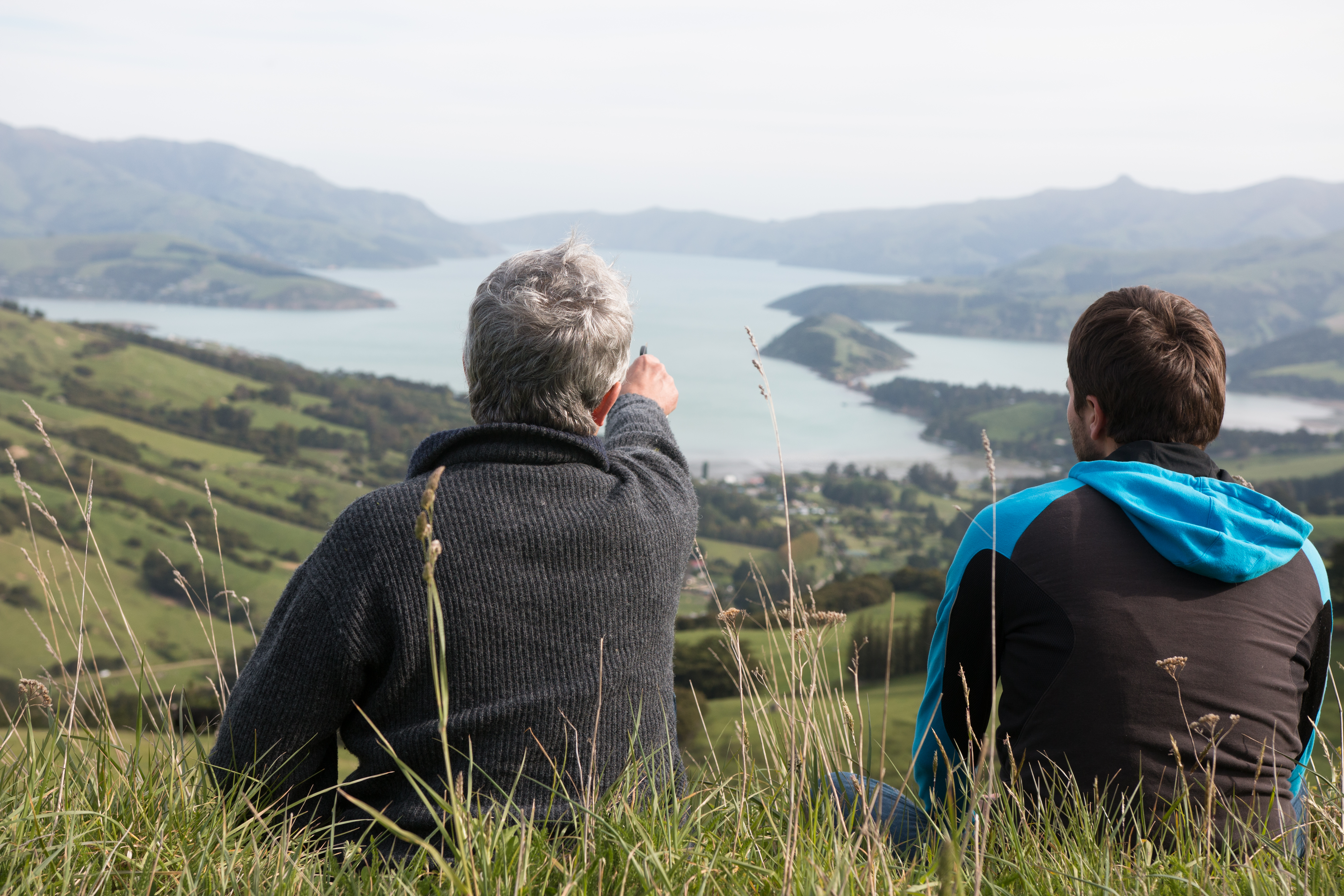 Two men sit on the top of hill and look at harbour, New Zealand