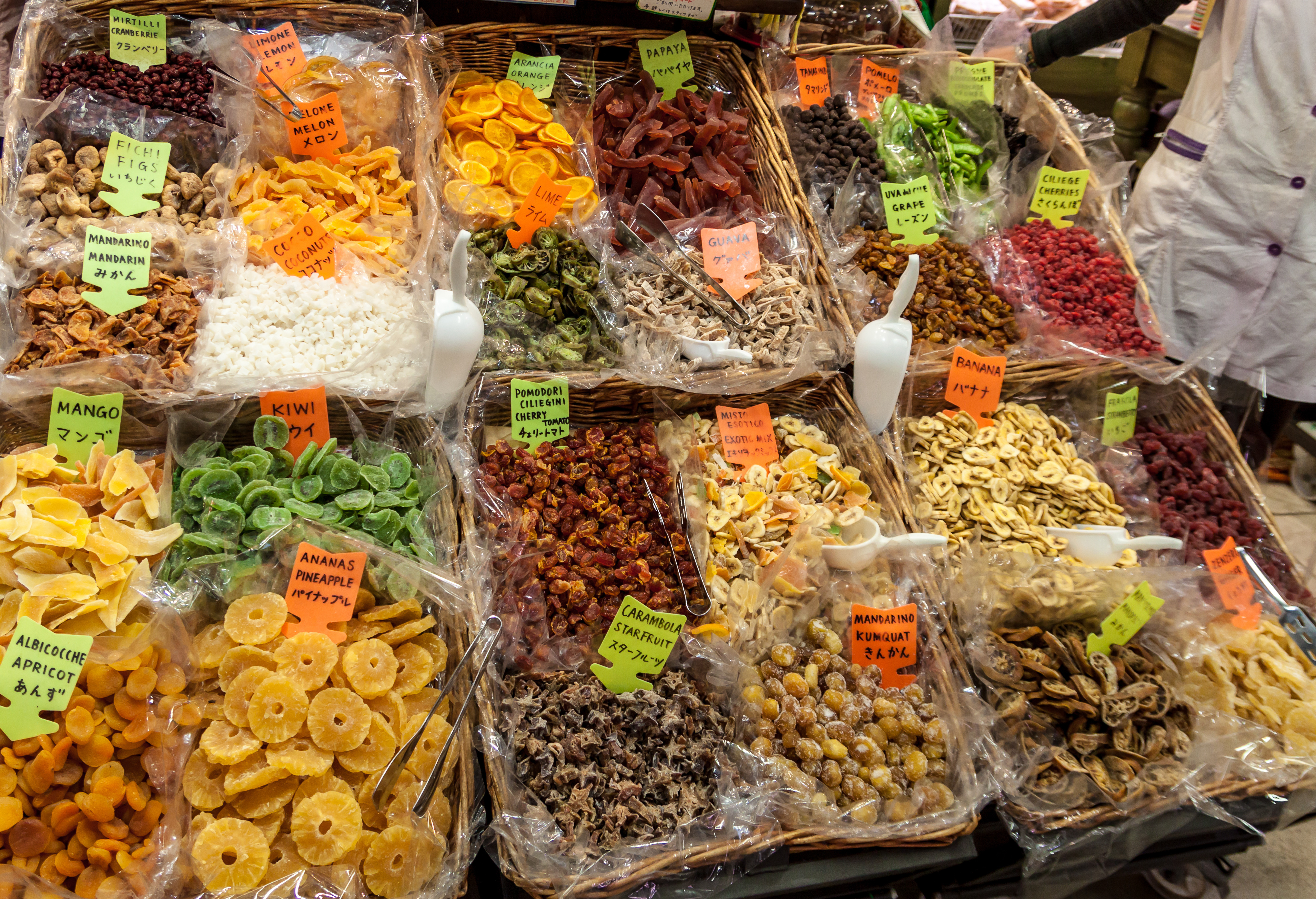 Store dried fruit and vegetables, typical products of Tuscany, in the Central Market in Florence