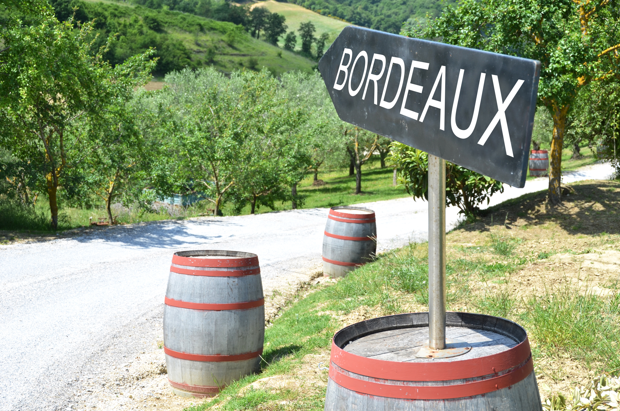 BORDEAUX arrow and wine barrels along rural road