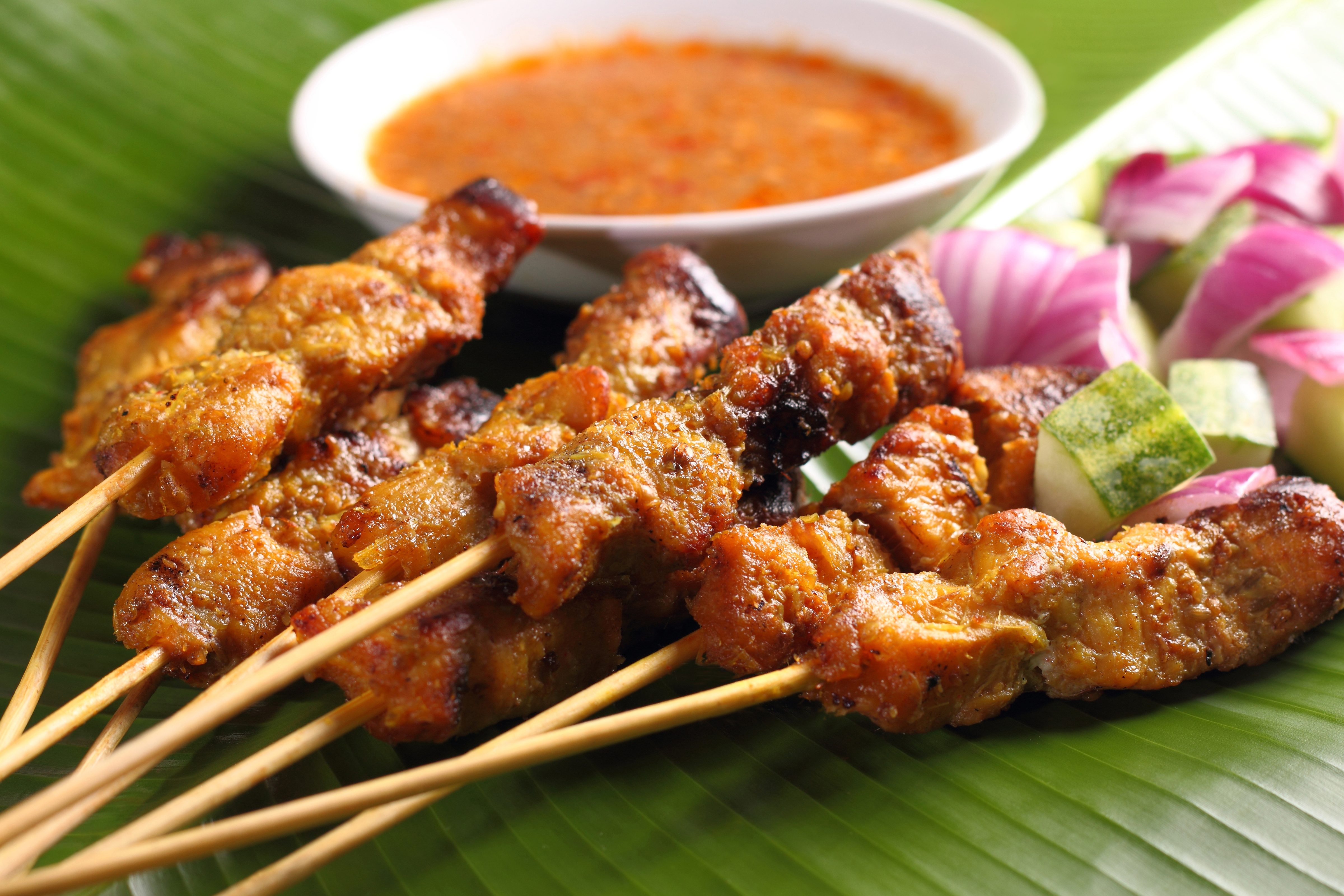 Malaysian chicken satay with delicious peanut sauce, one of famous local dishes.