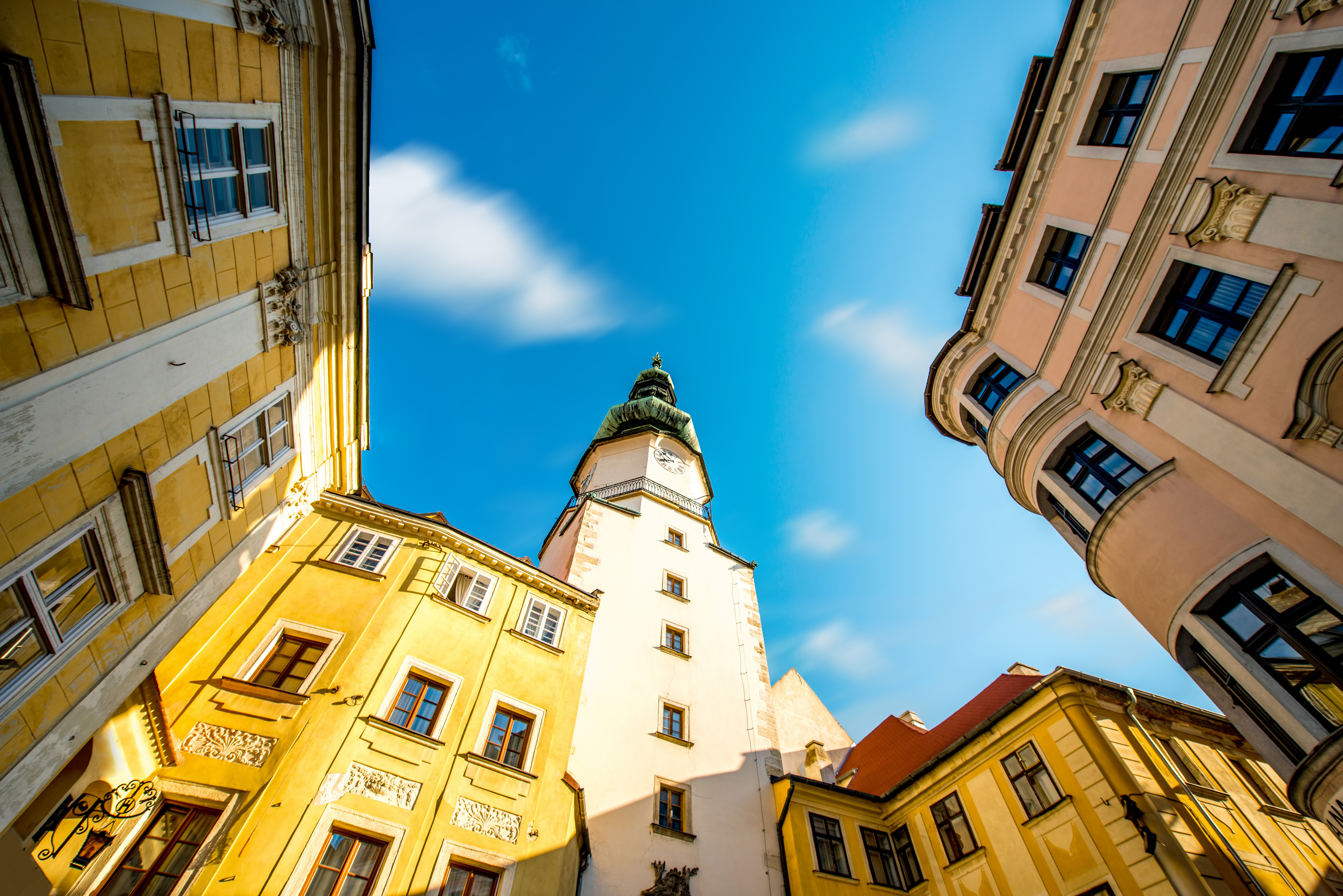 Famous St. Michaels watch tower in the old town of Bratislava city, Slovakia