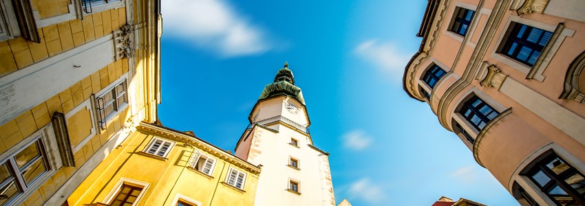 Famous St. Michaels watch tower in the old town of Bratislava city, Slovakia