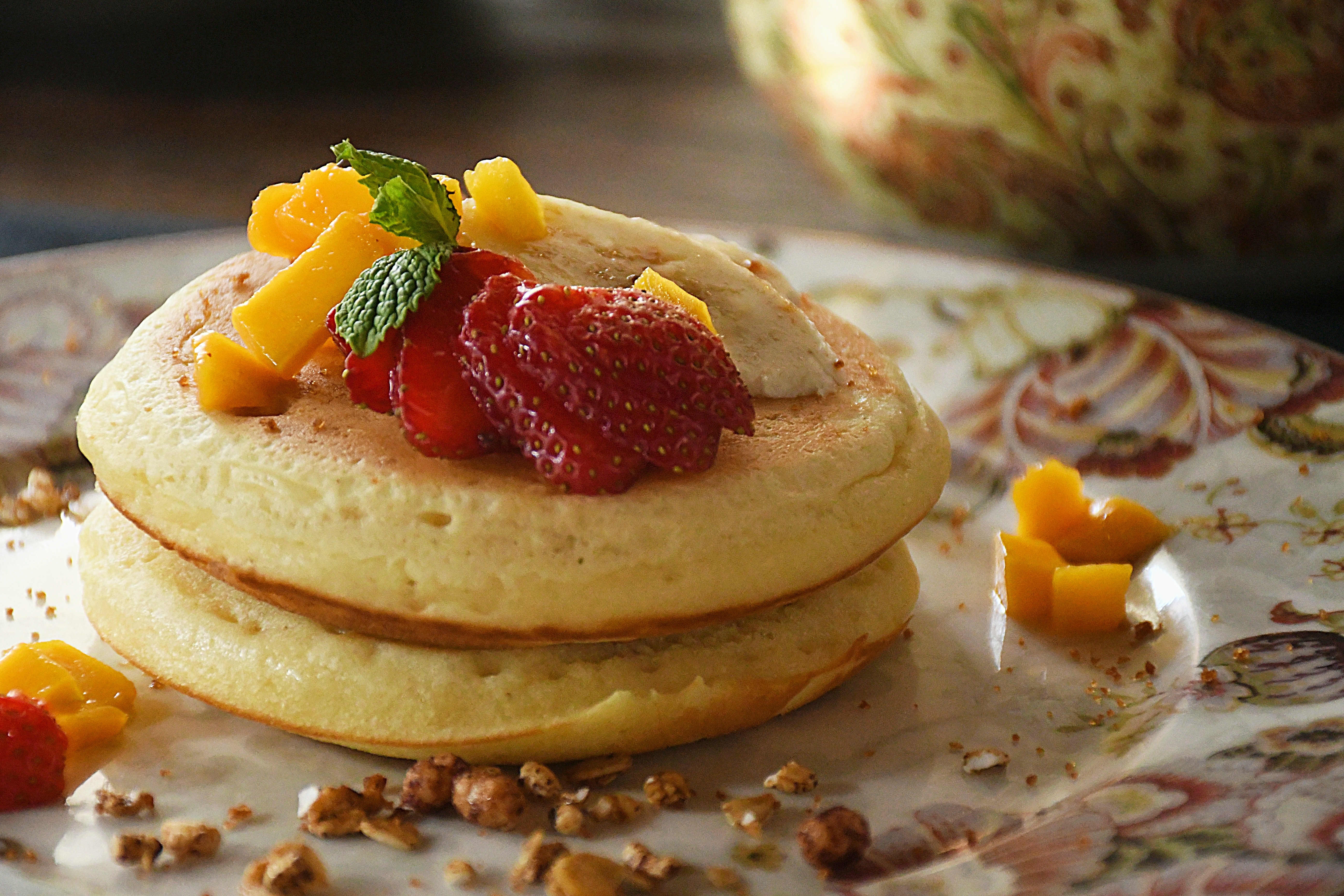 Delicious fruits pancake for breakfast