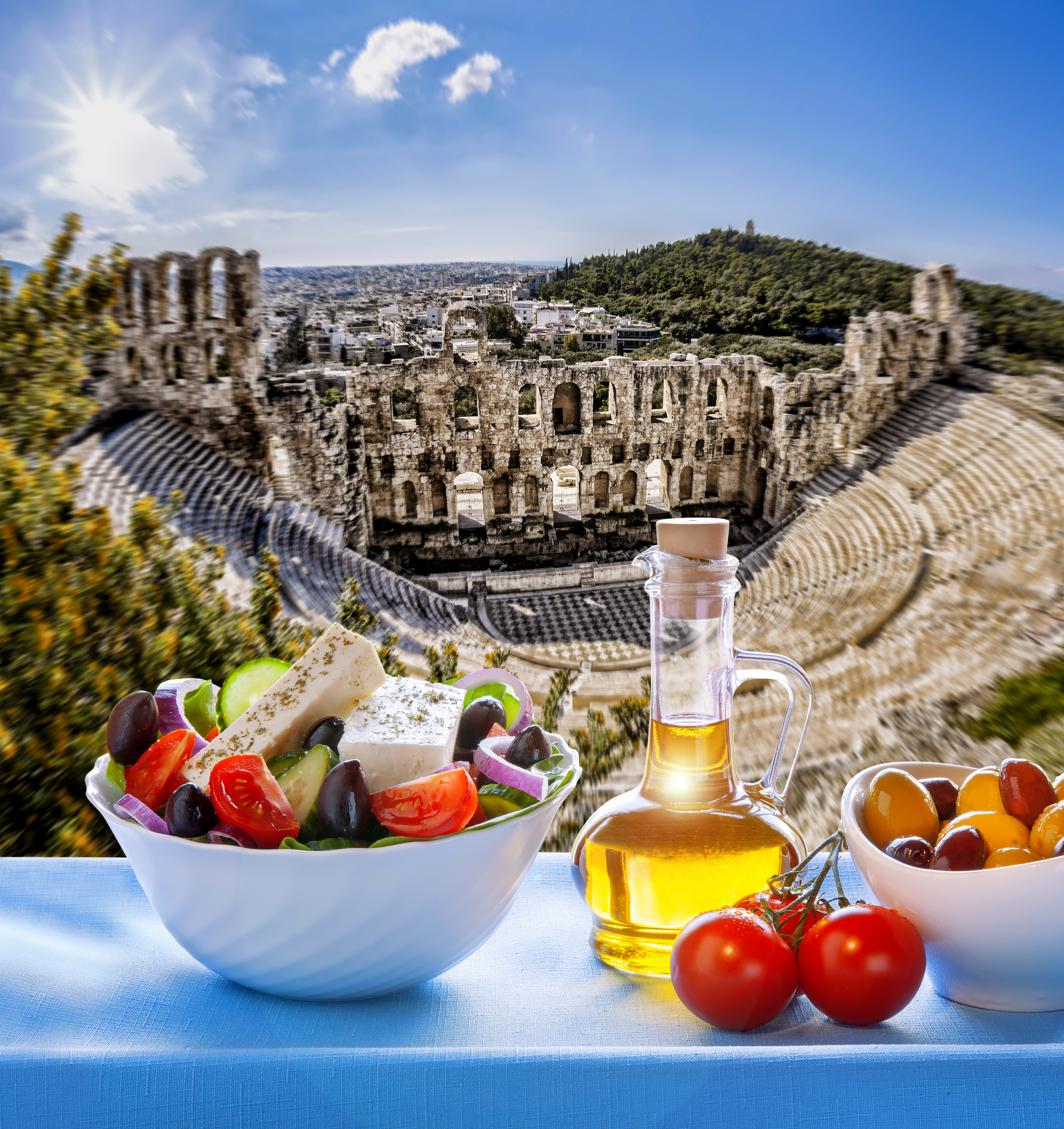 Famous Acropolis with Greek salad in Athens, Greece