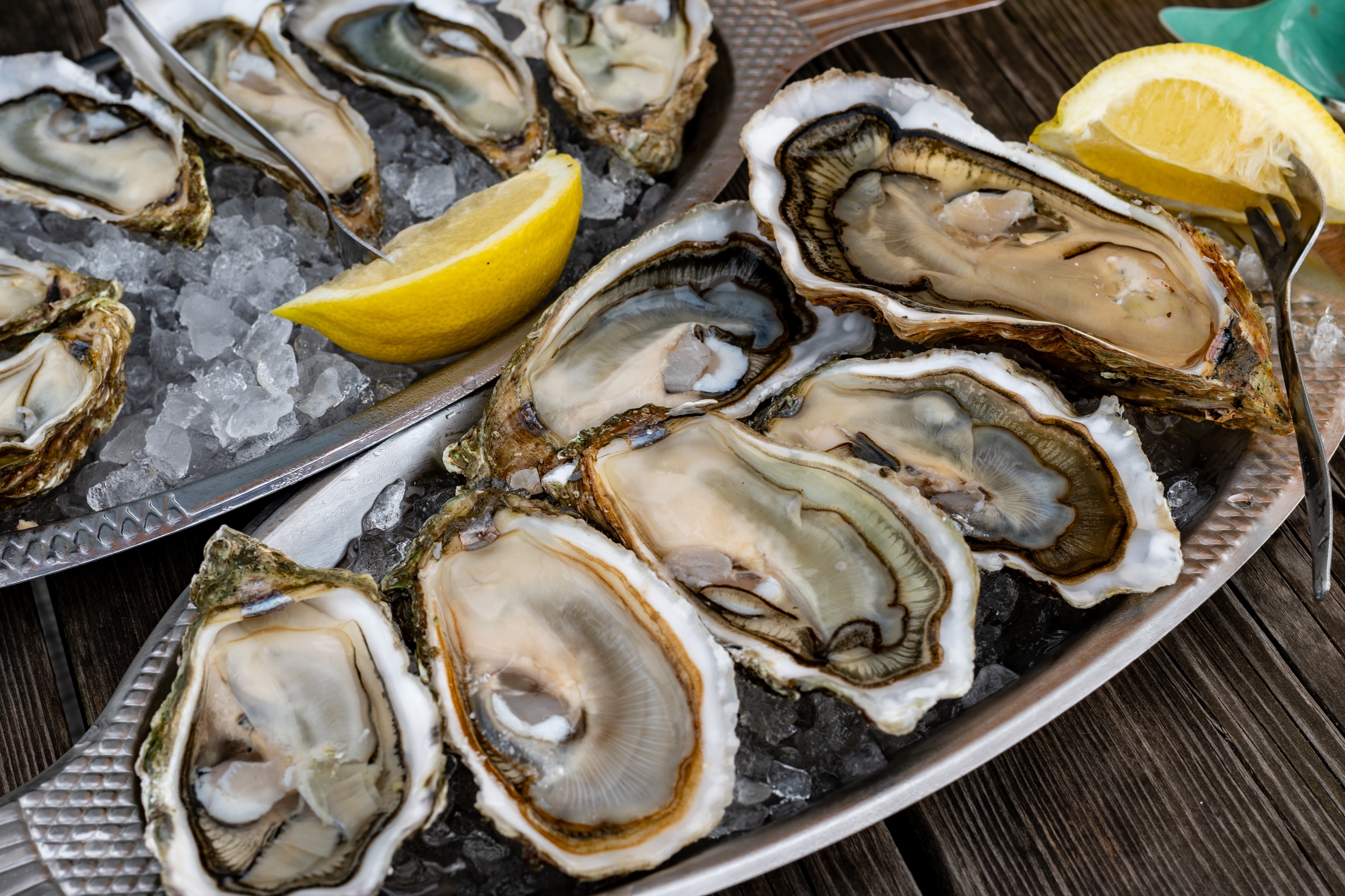 Plate with fresh live raw oysters seashells with citron, bread, butter and white wine served on ice at restaurant in oyster-farming village, Arcachon bay, Gujan-Mestras port, France