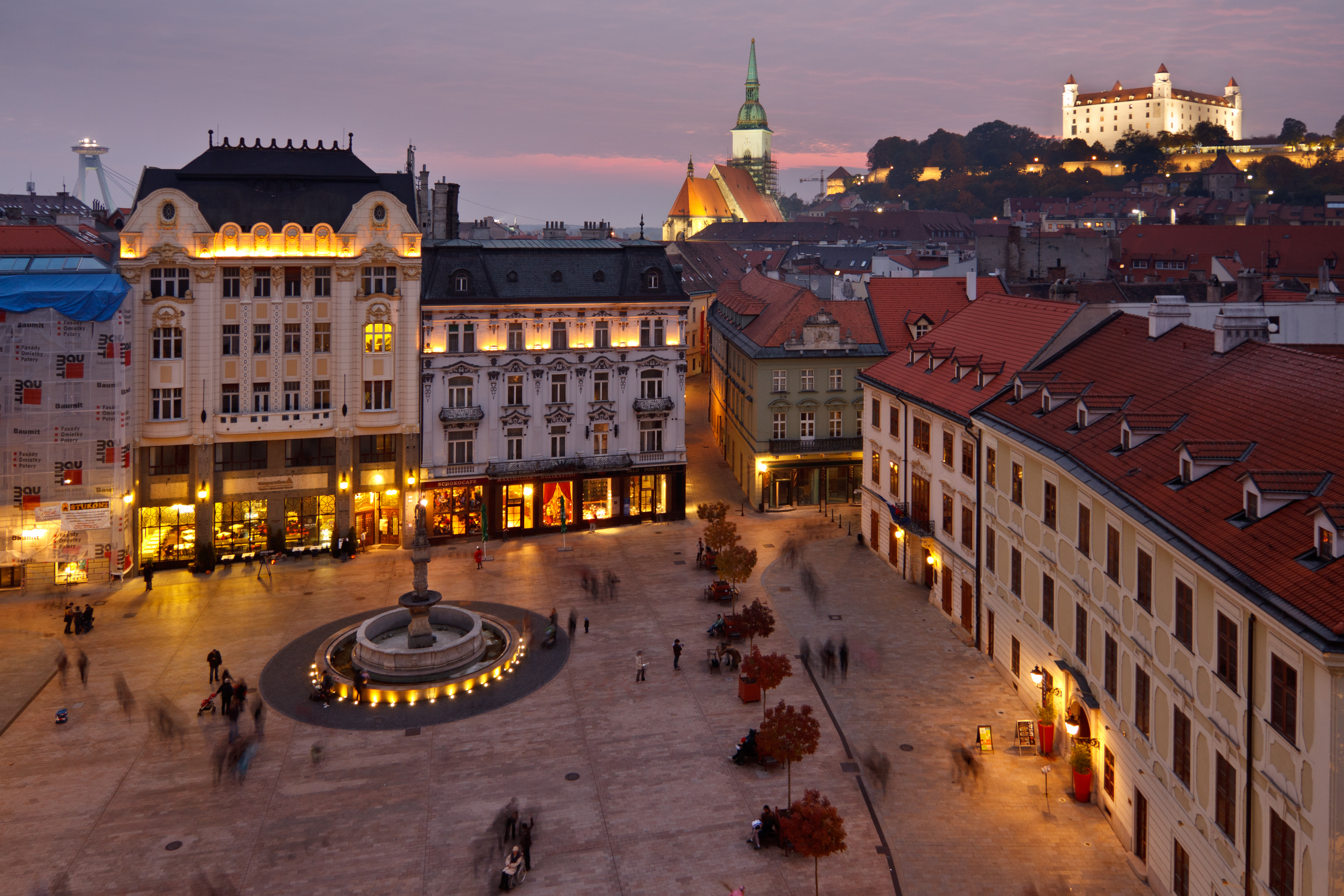 Bratislava castle, St. Martin's cathedral, new bridge, Main square Rolland's fountain and other historical buildings of the old town in Bratislava, Slovakia