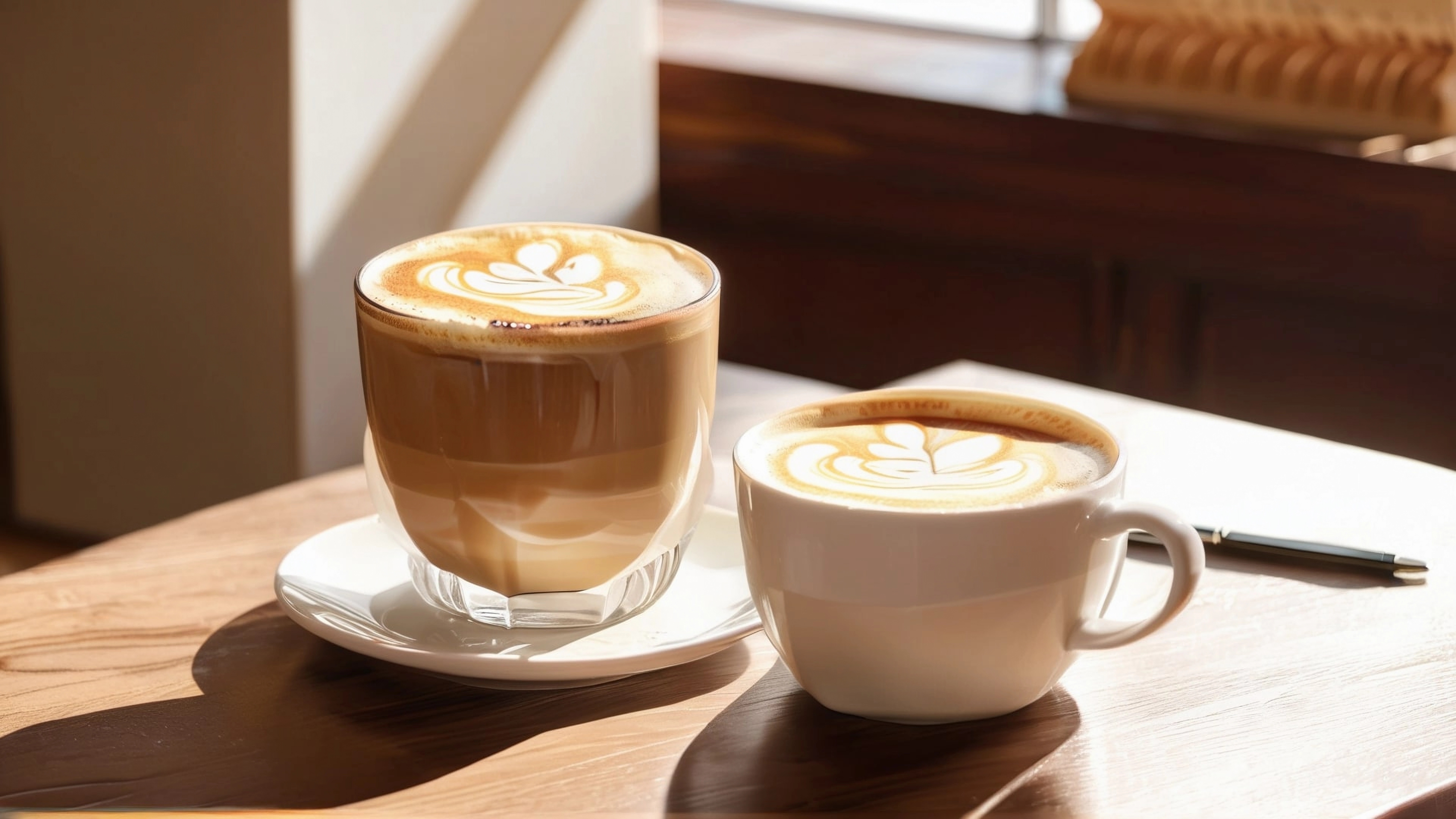 A warm, inviting café scene with a hot latte, latte art, and sunlight streaming in