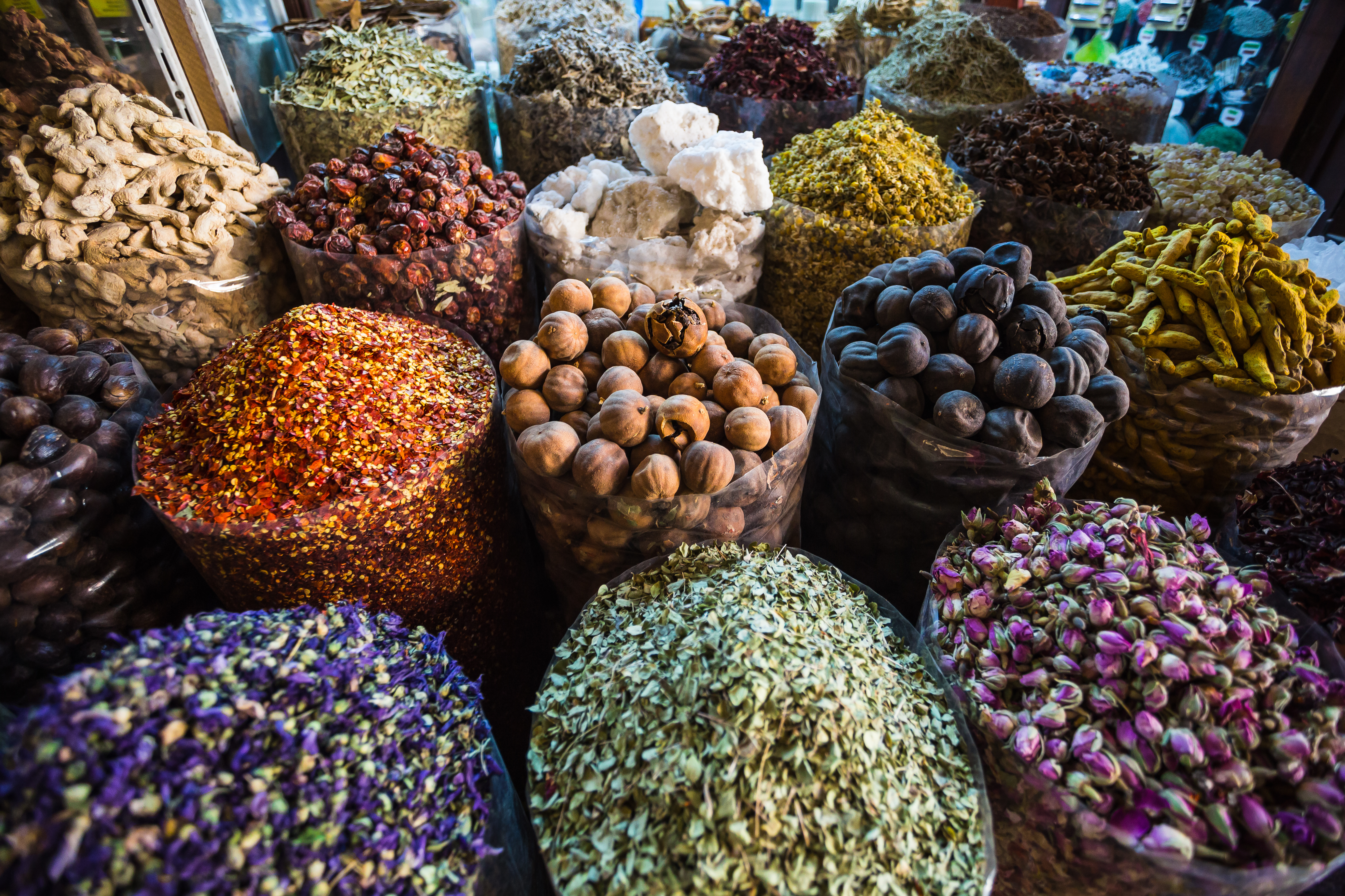 dried herbs flowers spices in a spice souq