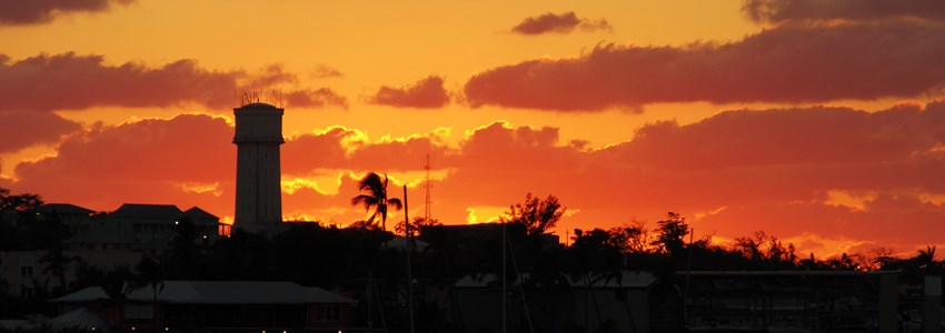 The dramatic sunset skyline over Nassau downtown