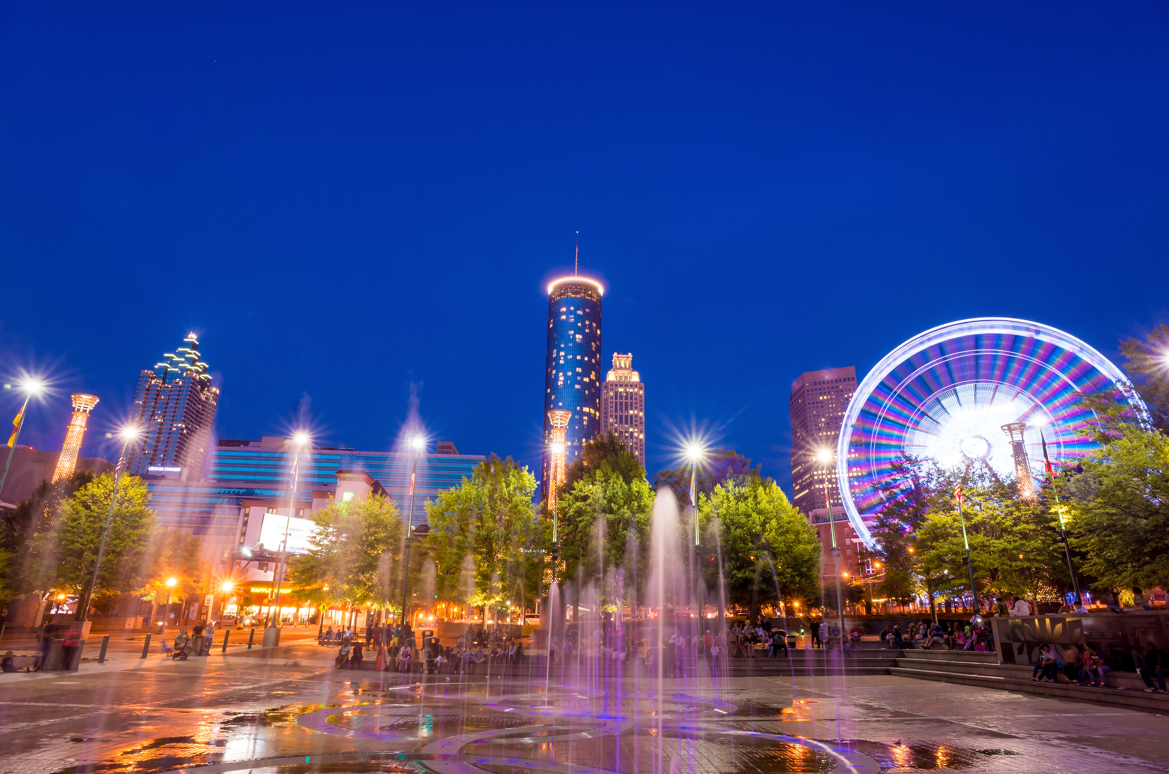 Centennial Olympic Park in Atlanta during twilight hour after sunset