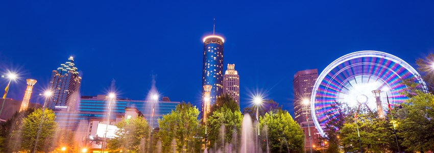 Centennial Olympic Park in Atlanta during twilight hour after sunset