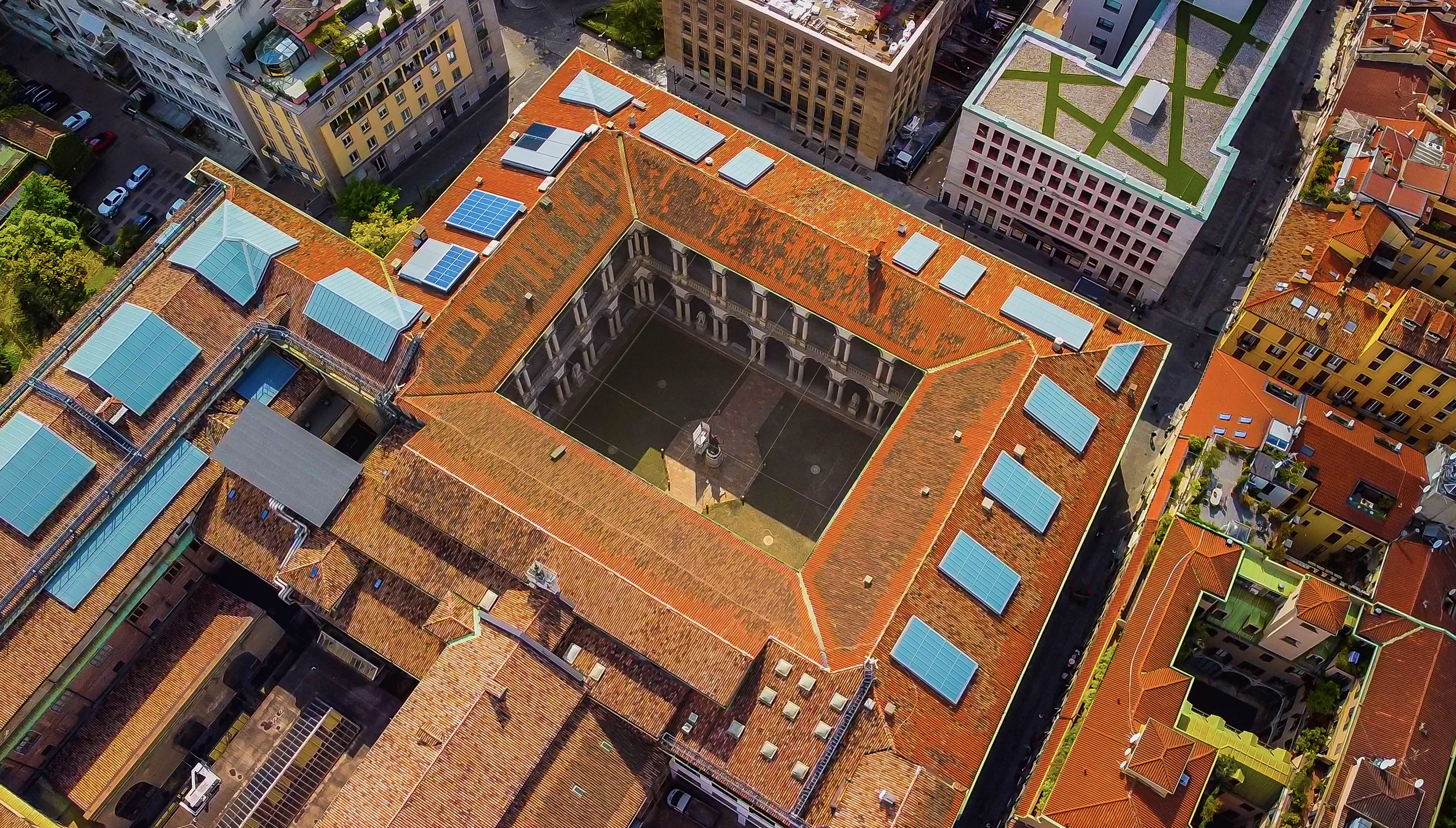 Aerial view of the rooftops of the Brera Pinacoteca and the domes of the Brera Astronomical Observatory