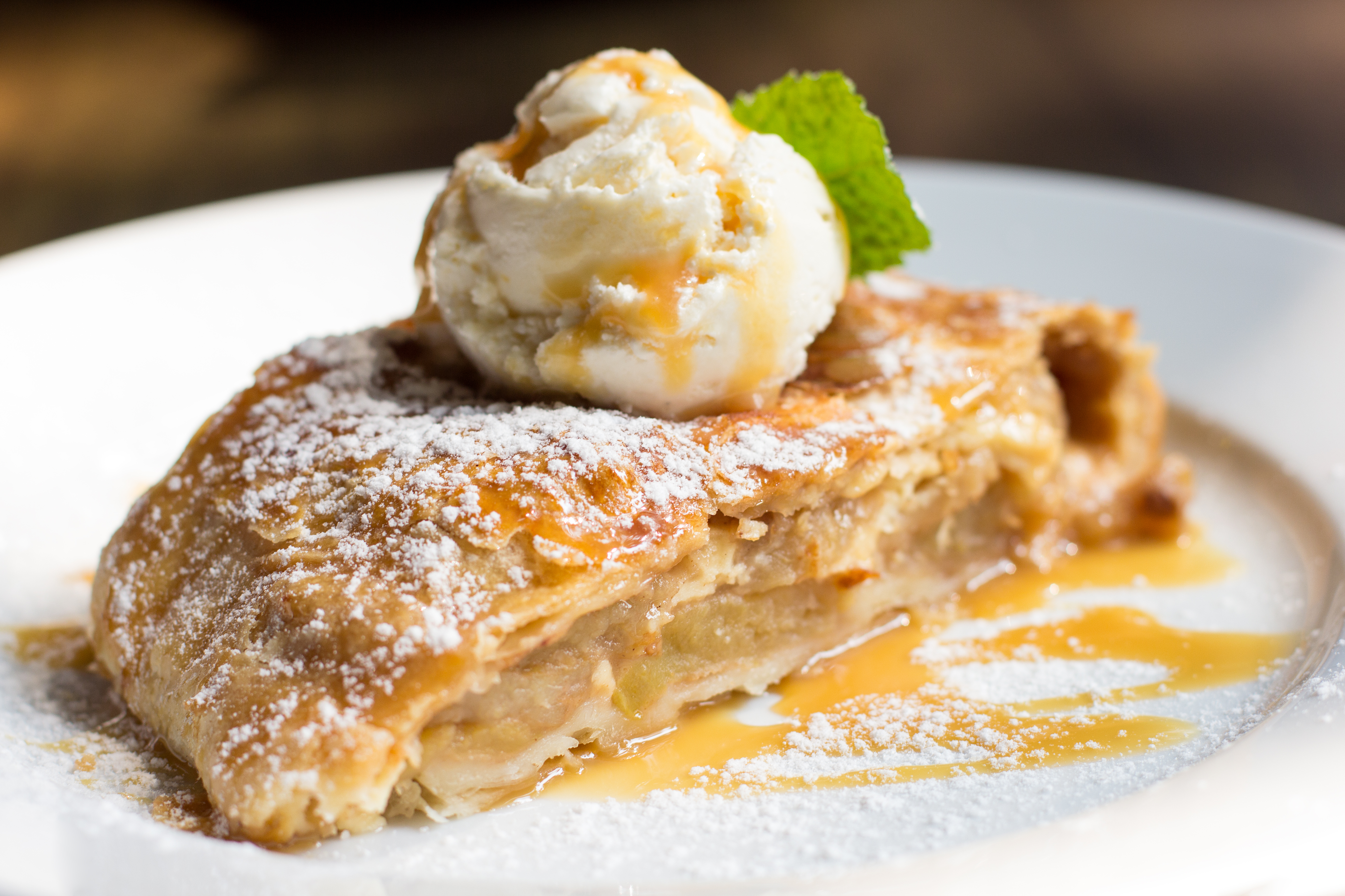 Apple strudel with ice cream
