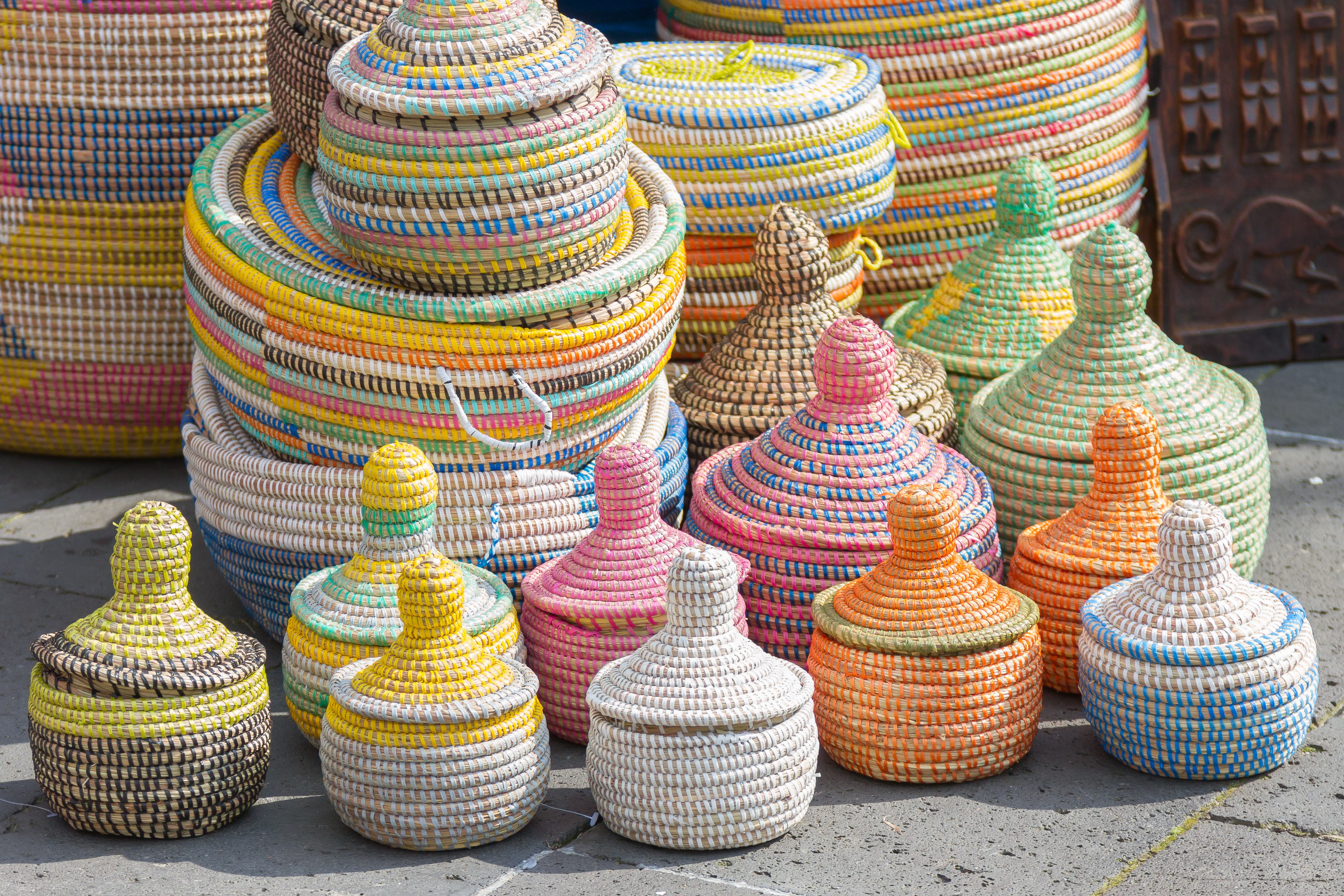 A lot of baskets of sea grass made by women in Africa from Senegal