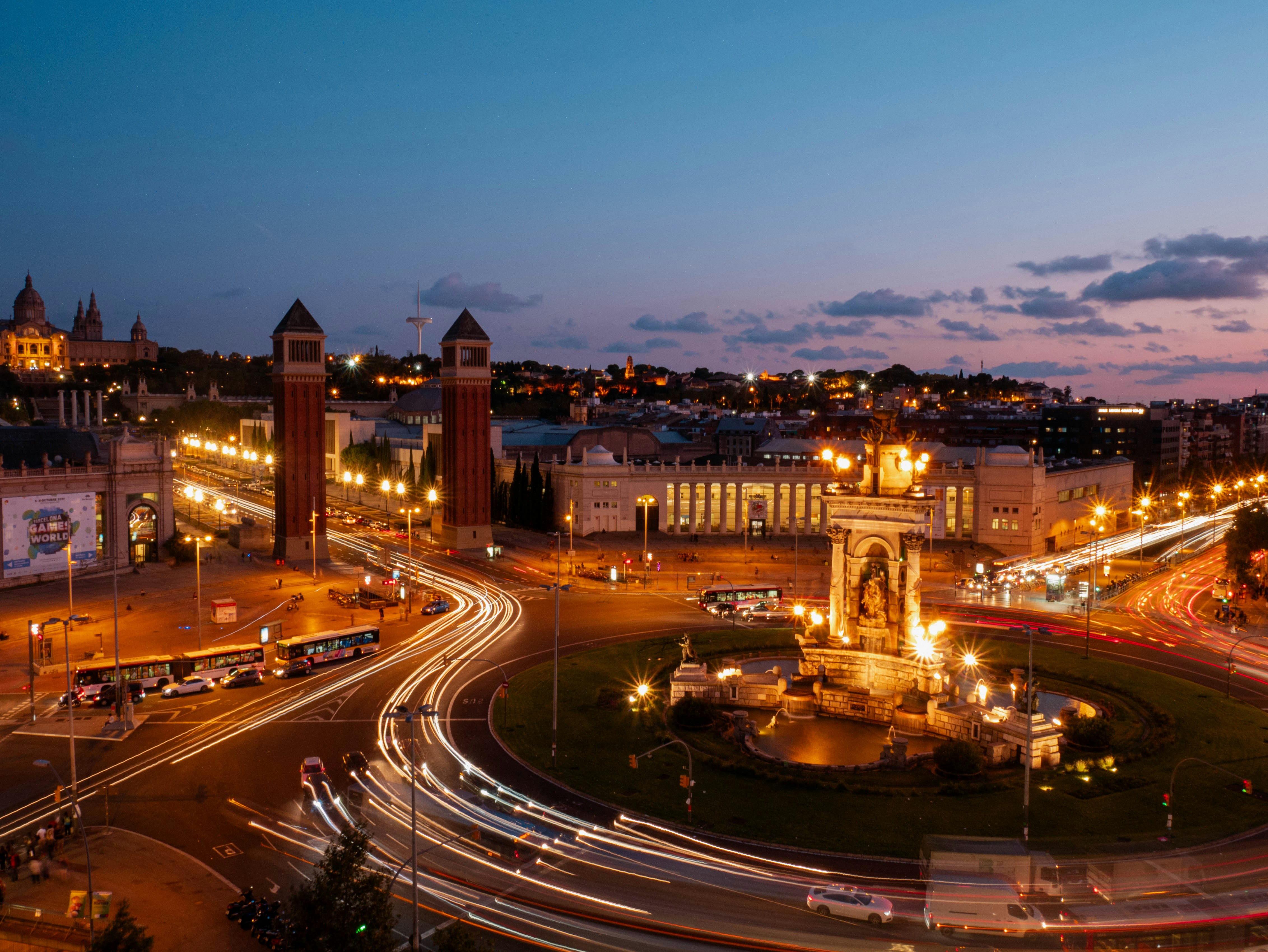 Placa d'Espanya at night, Barcelona, Catalonia, Spain