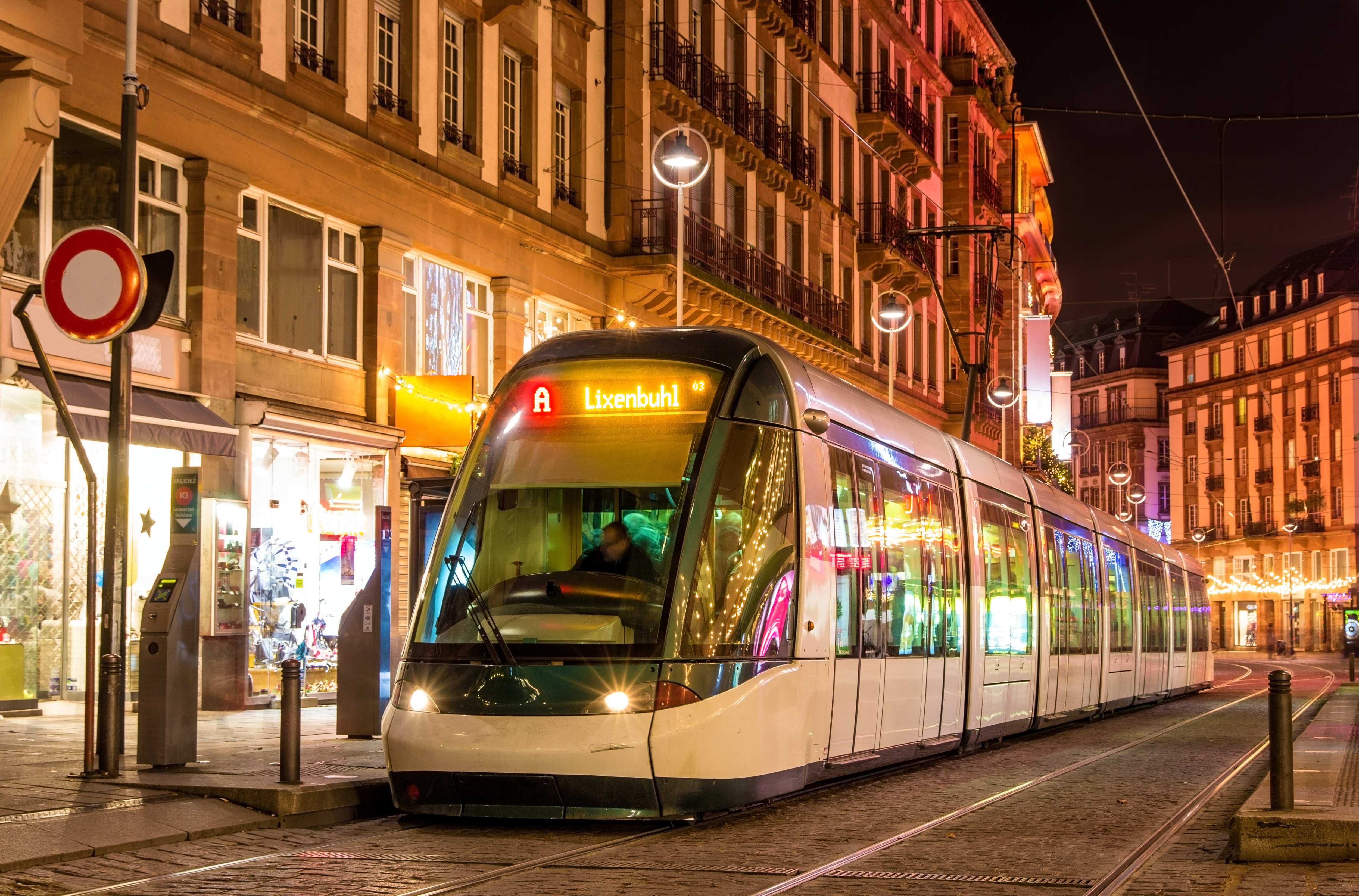 Modern tram in the Strasbourg city center. France, Alsace