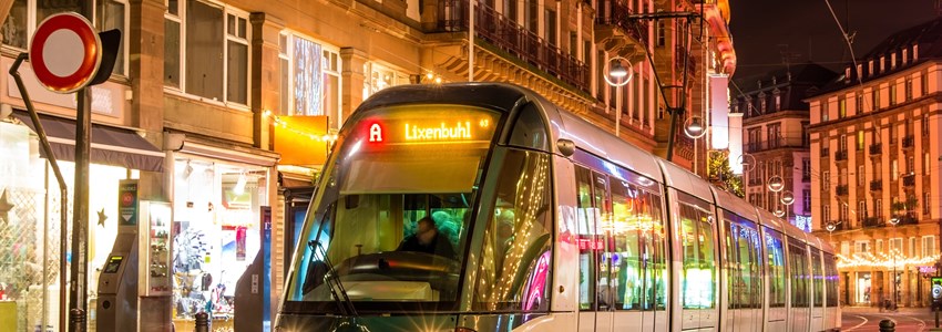 Modern tram in the Strasbourg city center. France, Alsace