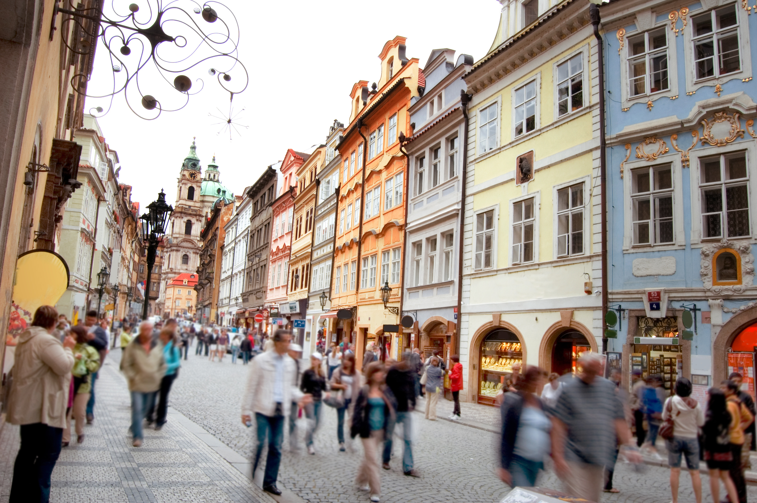 Crowd of people in streets of Prague.