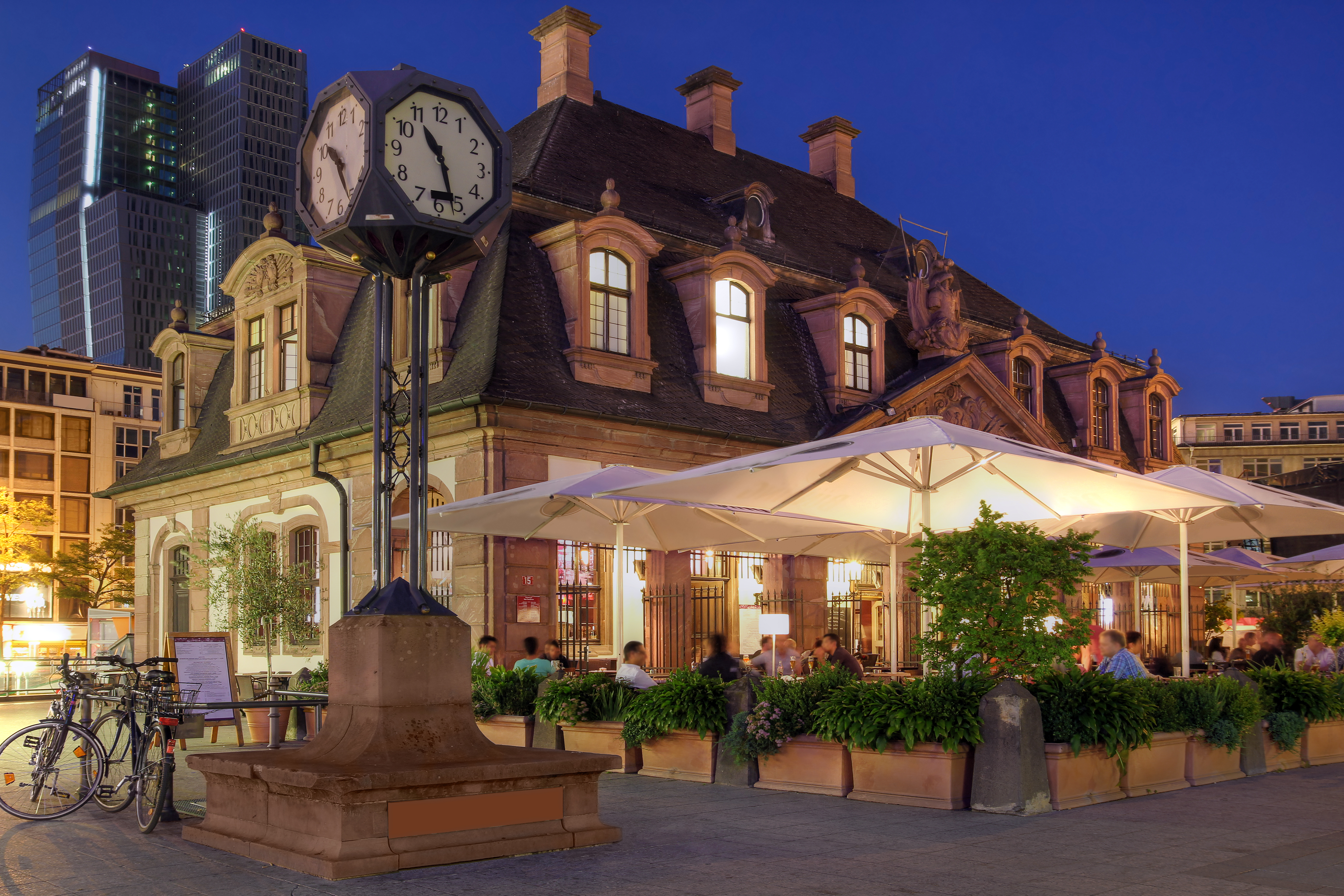 Night scene with Hauptwache, a former guard-house which today stands in the middle of a square bearing its name in Frankfurt city, Germany.