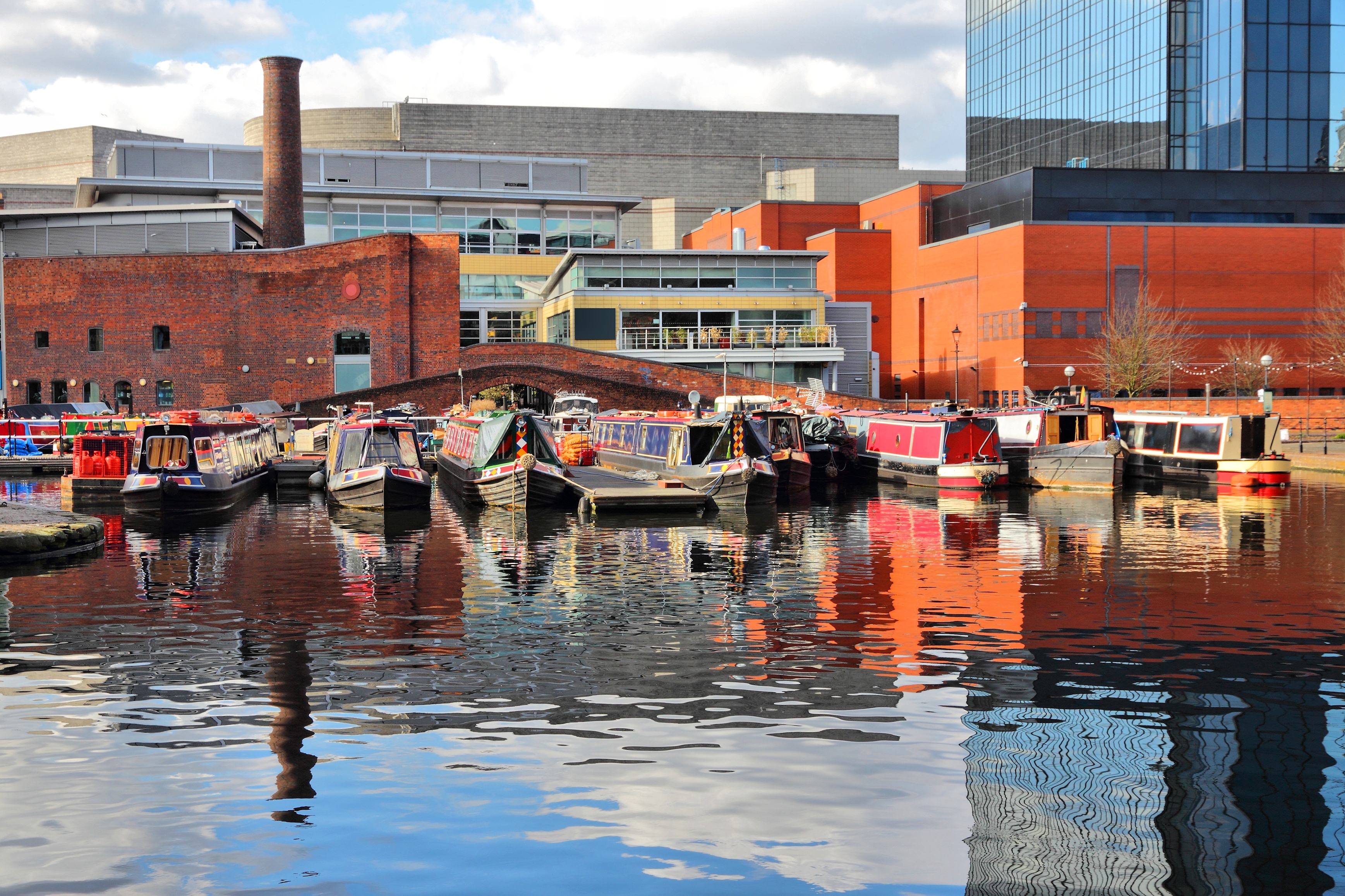 Birmingham water canal network - famous Gas Street Basin. West Midlands, England.