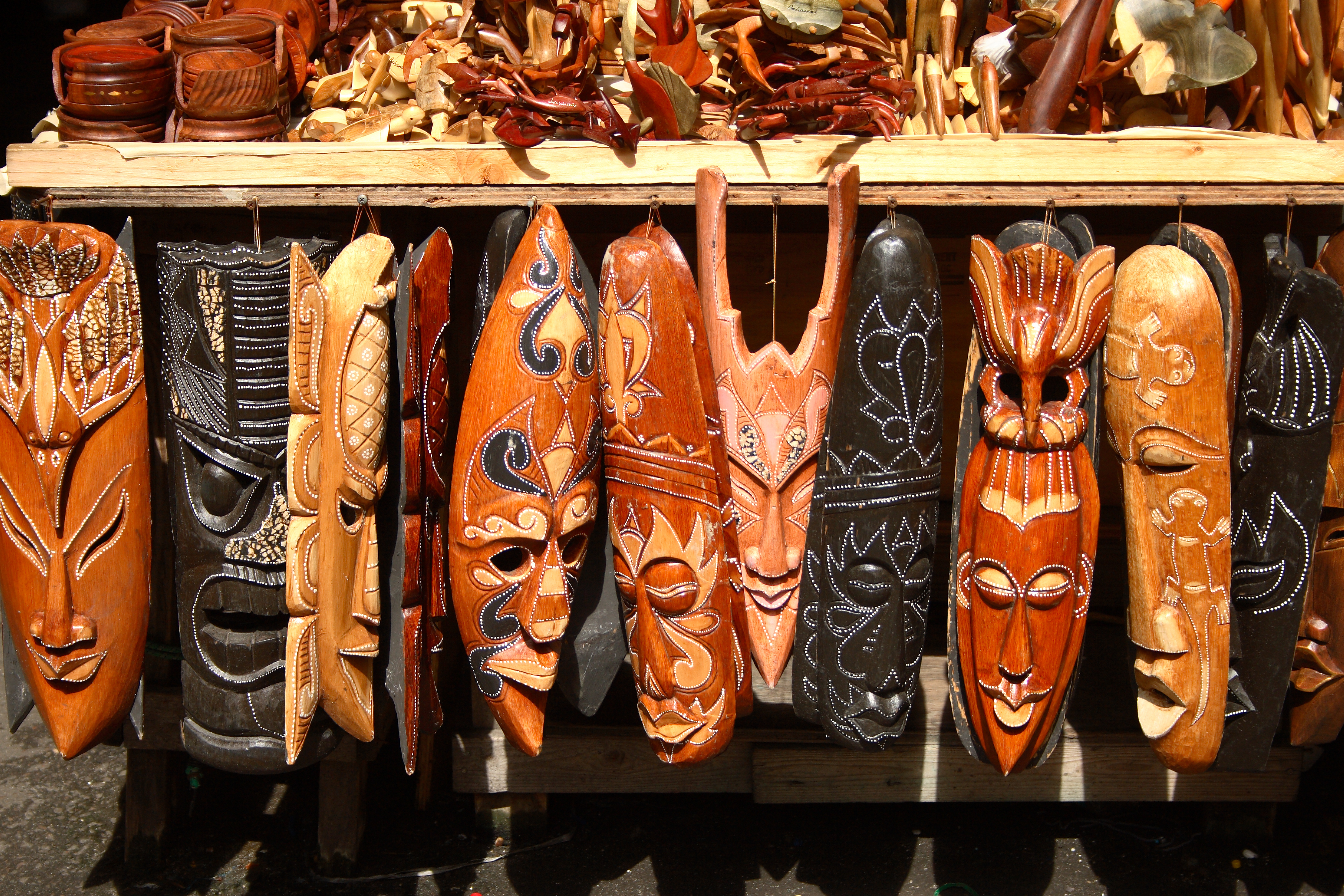 Masks at straw market Nassau, Bahamas.