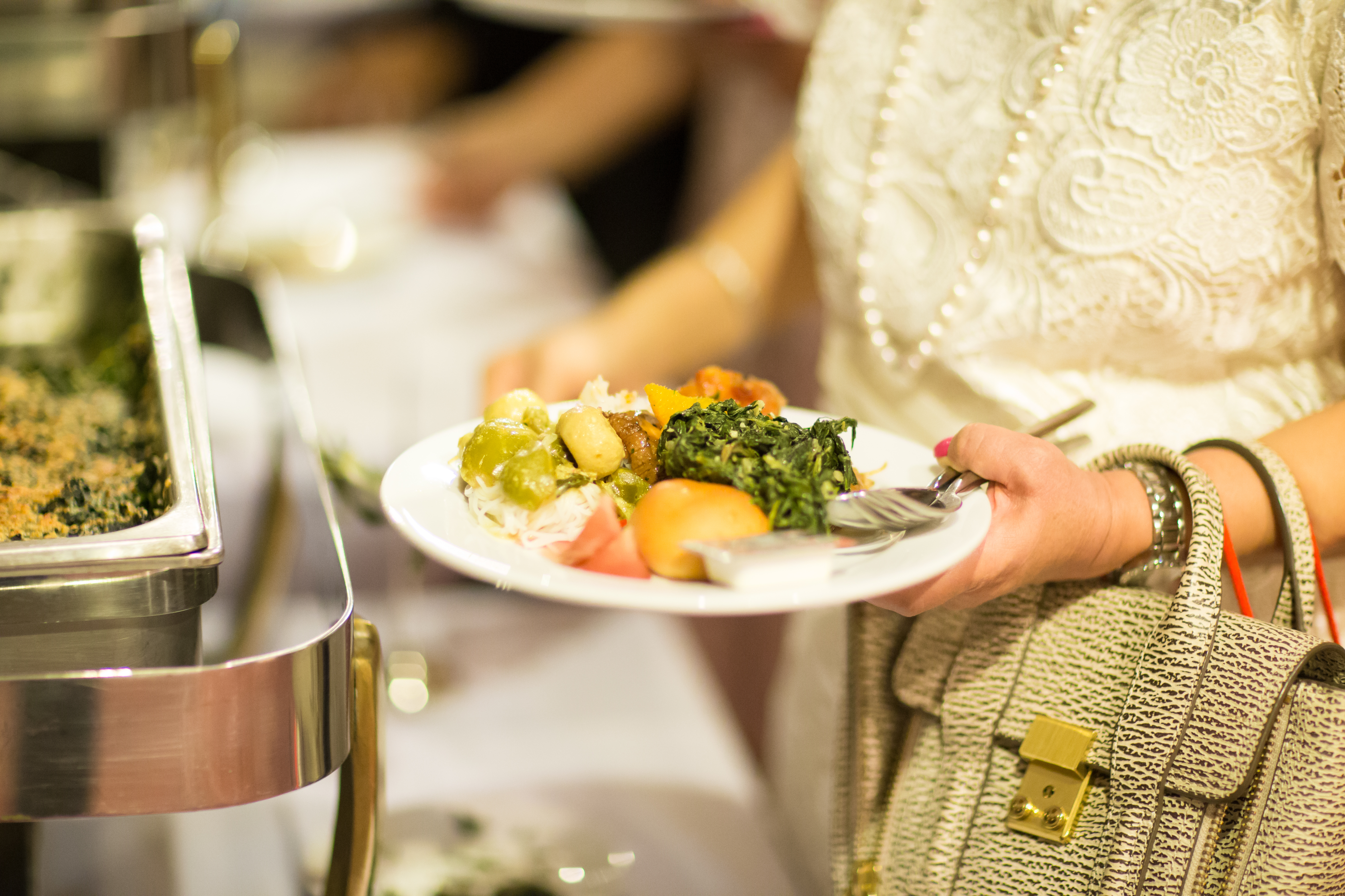 Food Buffet Catering Dining Eating Party Sharing Concept.people group catering buffet food indoor in luxury restaurant with meat colorful fruits and vegetables