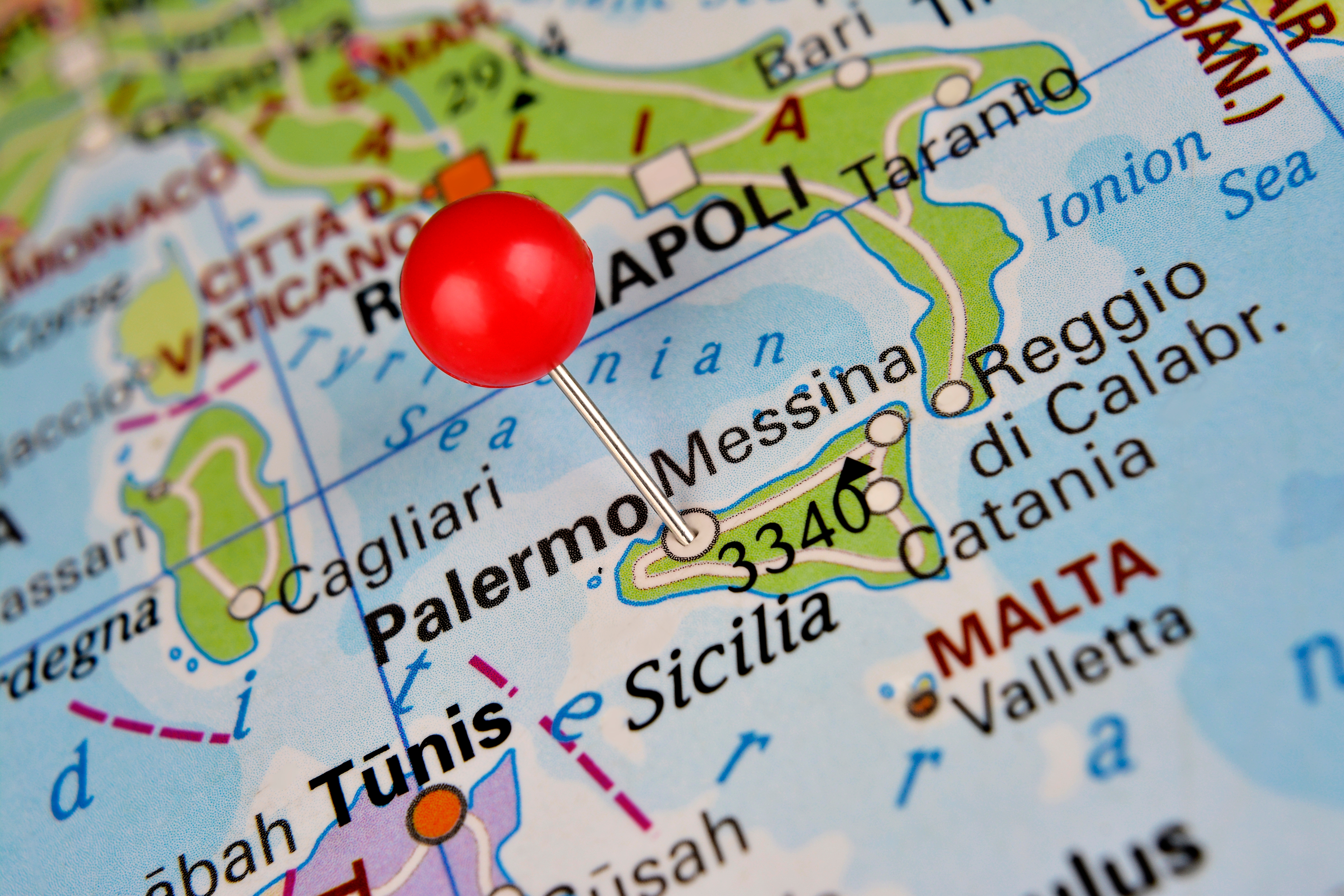 Palermo marked on map in Sicilia, Italy