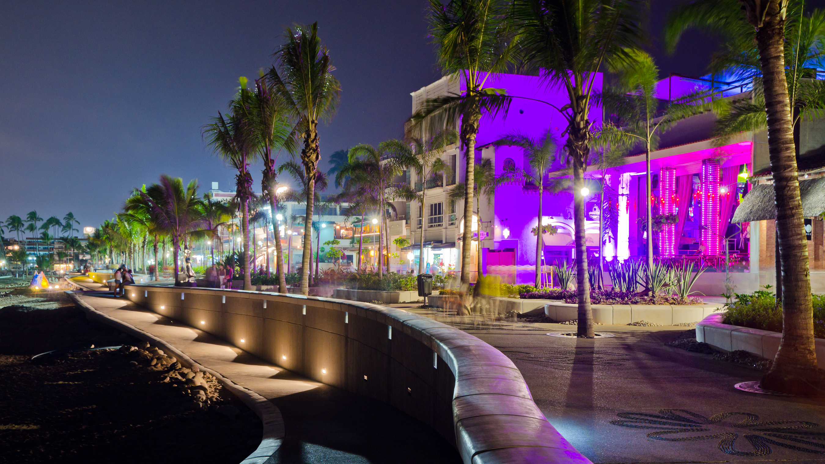 Seaside promenade at night in Puerto Vallarta, Mexico.